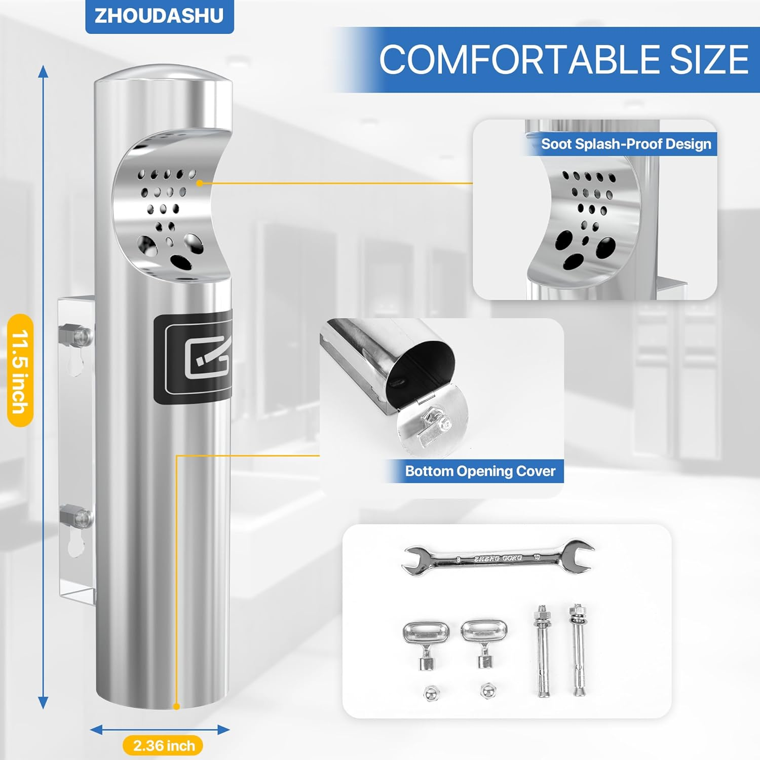 Outdoor Cigarette Ashtray, Wall Mounted Butt Receptacle, Commercial Disposal Container, Smokers Outpost for Patio - Stainless Steel - Black image number 5
