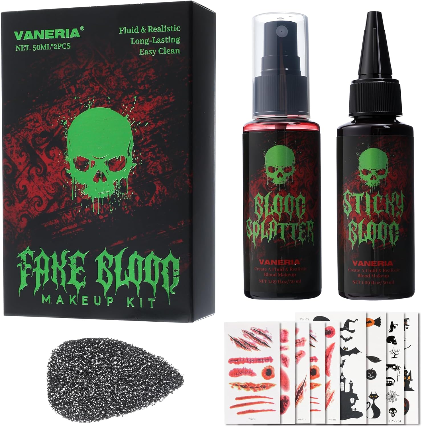 Vaneria Halloween Fake Blood Makeup Kit,Realistic Washable SFX Makeup with 50Ml Blood Splatter, 50Ml Sticky Blood, Sponge,4 Fake Scars & 4 Fluorescent Tattoo Stickers for Zombie, Vampire Cosplay image number 3