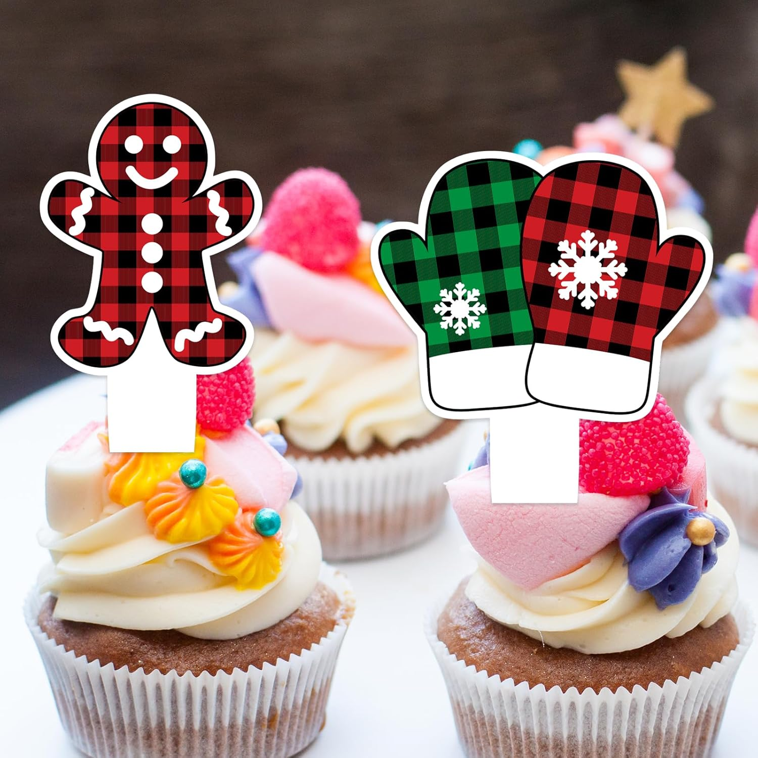 24Pcs Merry Christmas Cupcake Toppers Set Happy Birthday Gingerbread, Ugly Sweater, Elk, Buffalo Decoration, Boys and Girls Birthday Party, Baby Shower Party Decoration, Holiday Gifts for Kids.Liangss image number 5