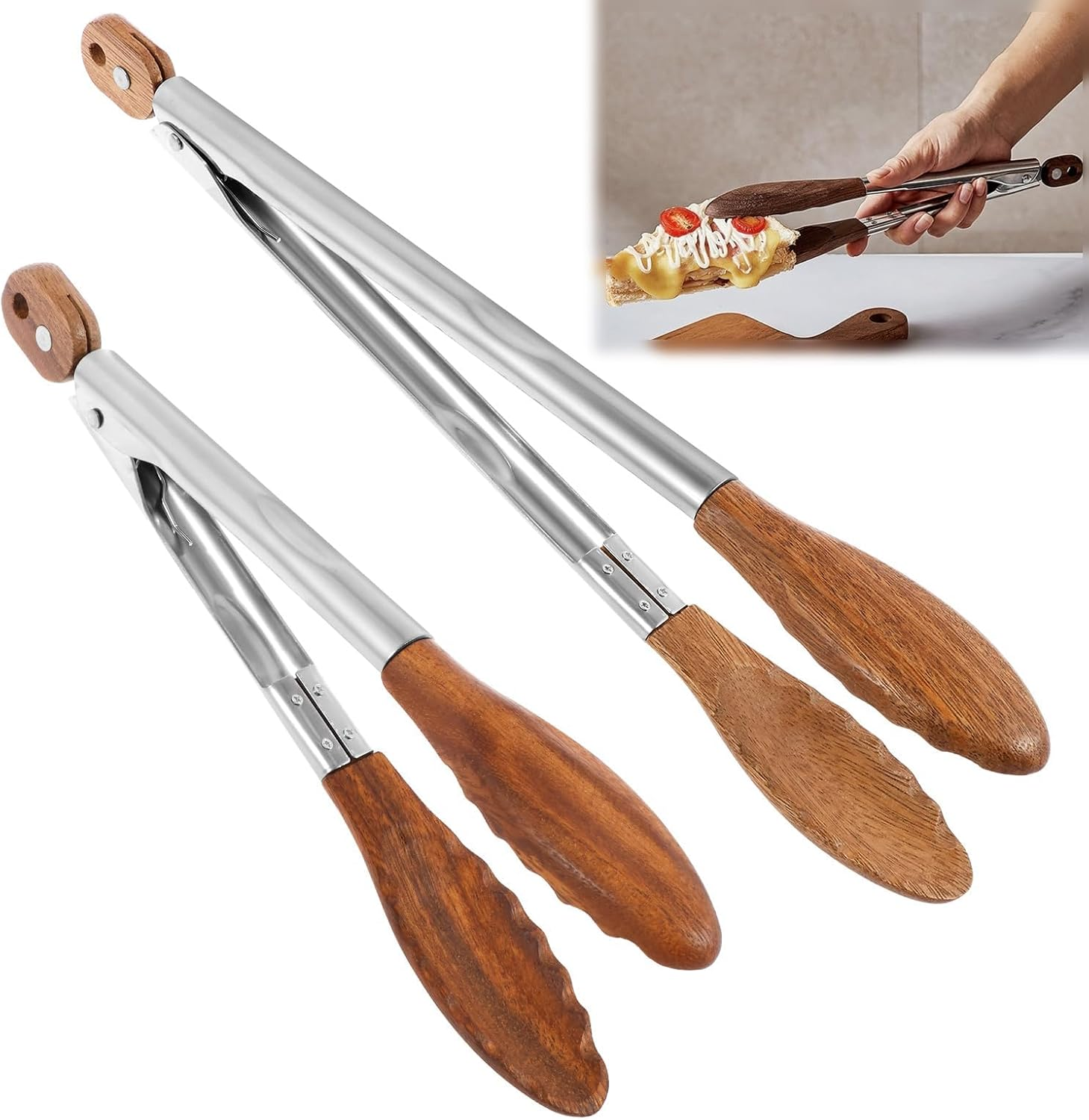 2 Pack Walnut Wooden Kitchen Tongs, 9/12 in Wooden Tongs, High Temperature Resistant and Non-Stick,For Serving Food Grilling BBQ Tossing Salad Flipping Burgers Cookware Tools