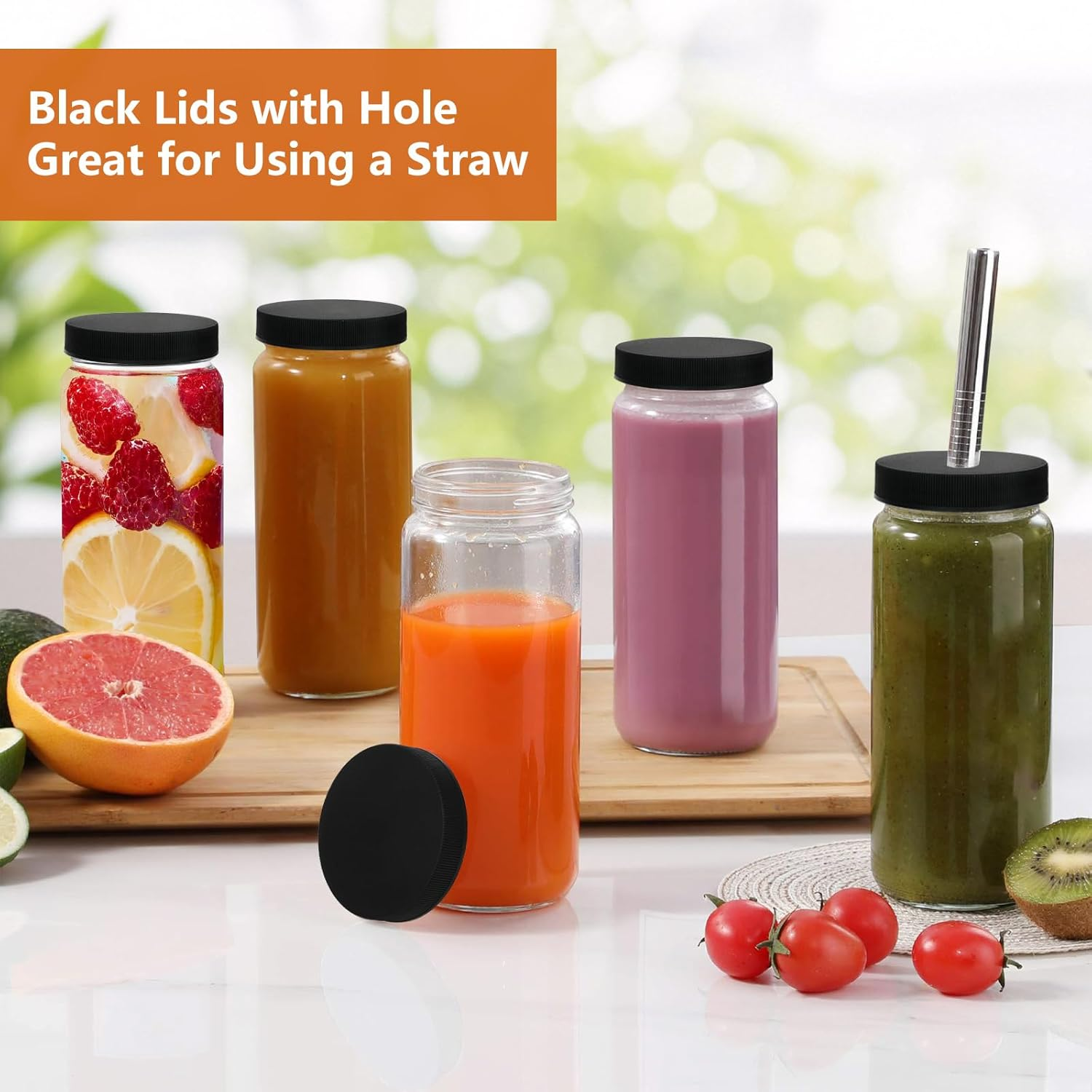 8 Pack Glass Juice Bottles, 16Oz Glass Bottles with Lids and Straws, 500Ml Smoothie Bottle, Reusable Drinking Jars Glasses for Water Milk Beverage Juice Container for Fridge Office Ggm image number 4