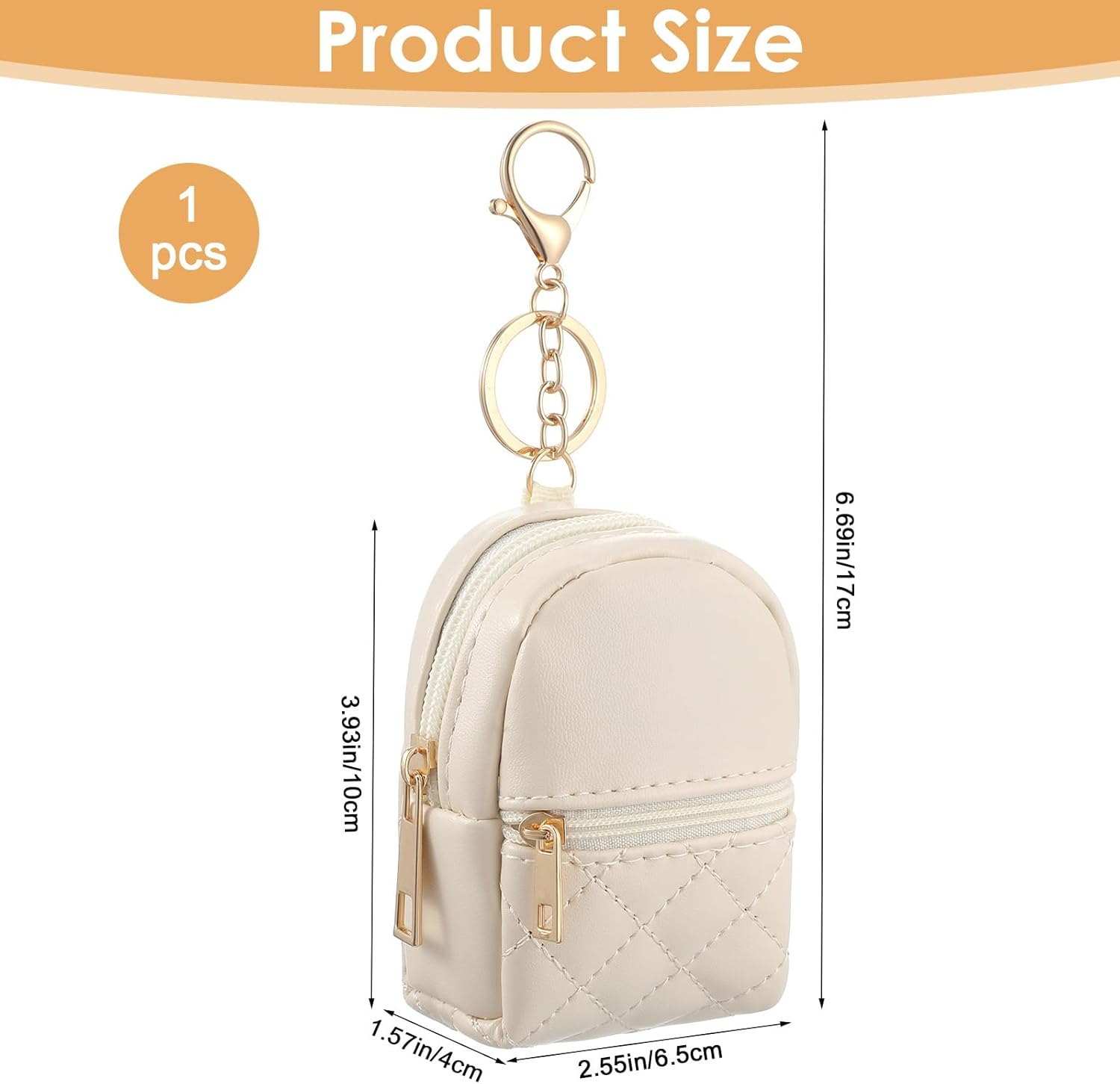 Mini Backpack Beige with Key Fob, Lipstick Case, Cosmetic Bag, Small Bag Shape and 2 Layers Zip Pocket, Pendant Can Be Used by Keys, Change or as a Pendant