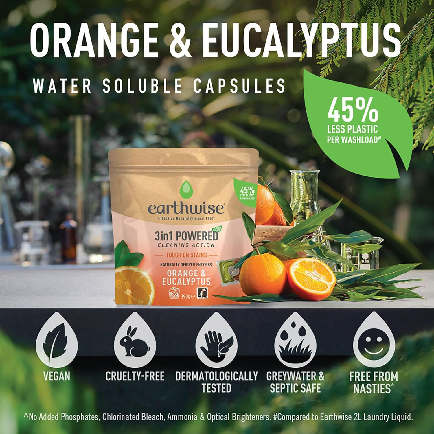 Earthwise Orange & Eucalyptus Laundry Washing Detergent Capsules, 26 Pack, 26 Washloads, Suitable for Front & Top Loader, Tough on Stains, 3In1 Powered Cleaning Action with Naturally Derived Enzymes image number 5