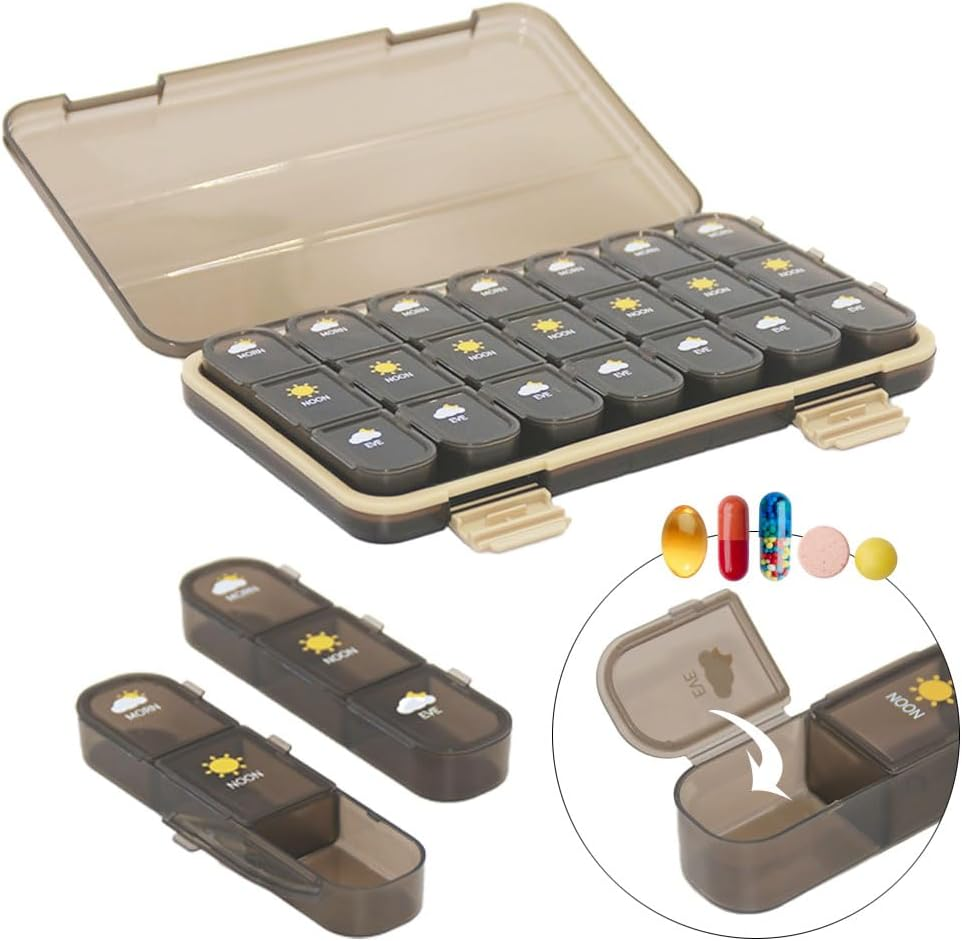 Weekly Pill Organizer, 3-Times-A-Day Pill Container 7 Day Vitamin Pill Box Portable Travel Medicine Box Medicine Dispenser Case for Vitamins Fish Oils Supplements (Brown 21 Grids)