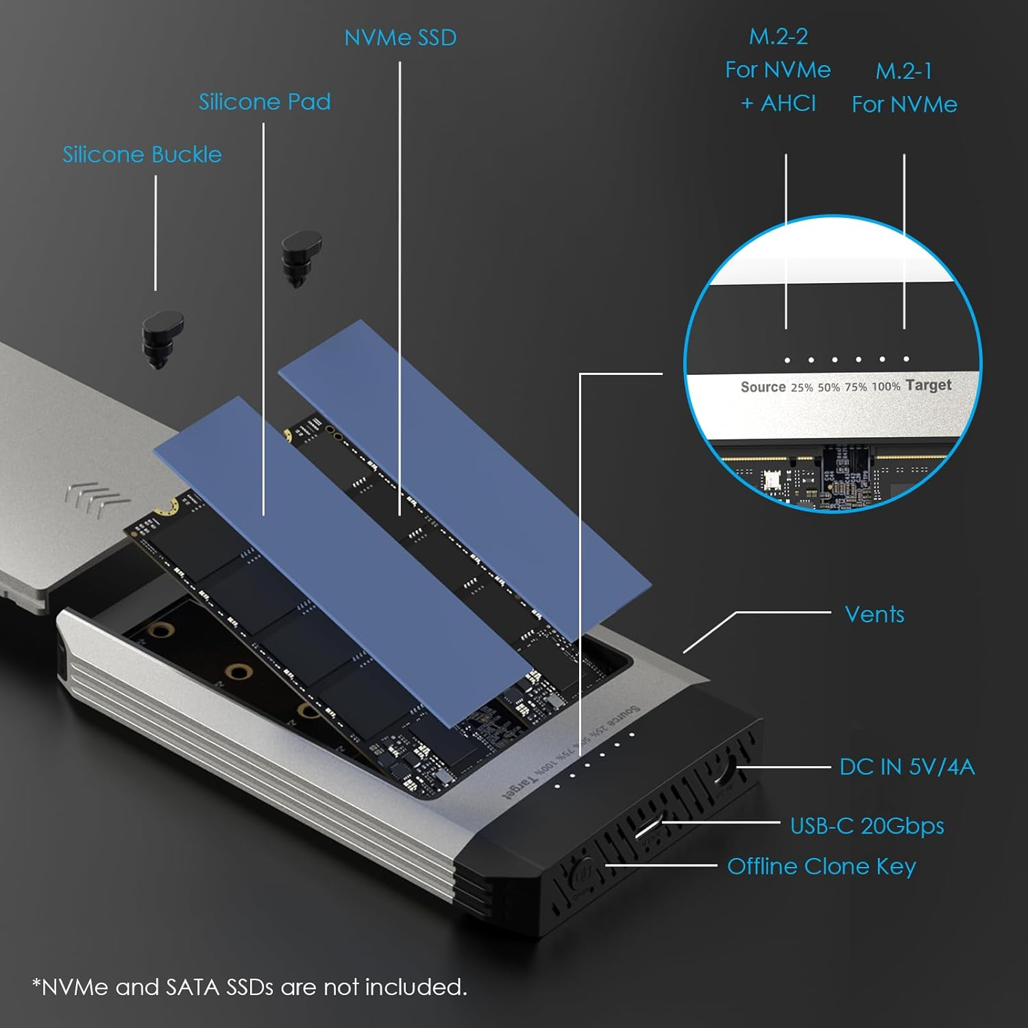 WAVLINK Nvme Cloner, M.2 Cloner Dual-Bay Offline Clone Tool-Free, 20Gbps M.2 Duplicator with Heat Dissipation, Nvme Enclosure for Ssds Pcie Sizes 2230/2242/2260/2280, Supports Nvme and SATA, up to 8TB image number 3