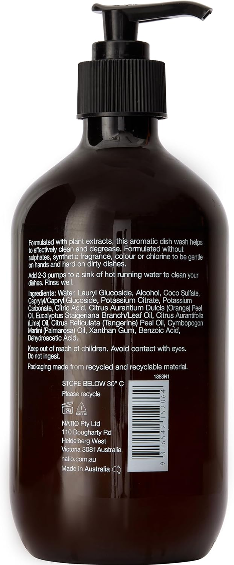 Natio Australia Home Essentials Eco Dish Wash 500 Ml - Botanical Cleaning Care Non-Toxic Dish Soap - Orange, Eucalyptus, Lime, Tangerine & Palmarosa - Sulphate Free, Cruelty Free & Made in Australia image number 2