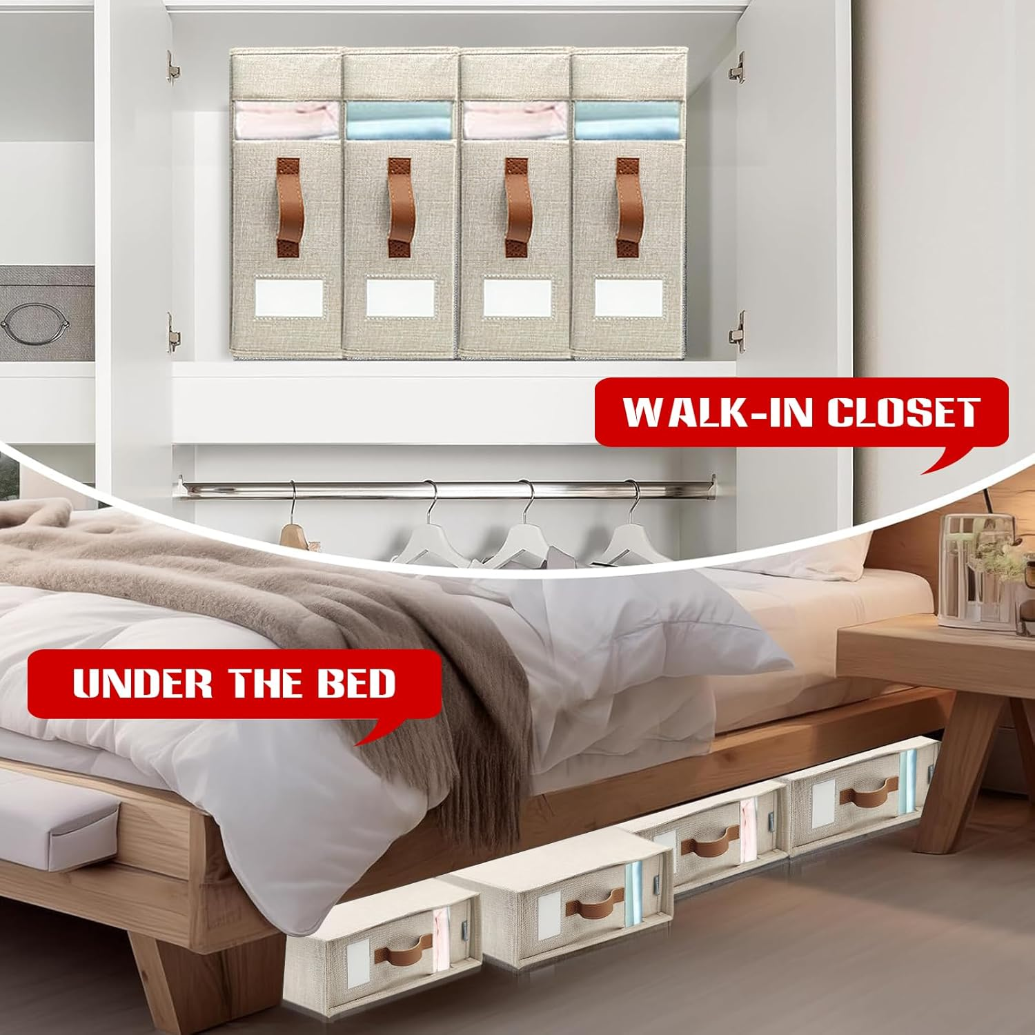 Bed Sheet Organisers and Storage, 2 Pack Sheet Organizer for Linen Closet, Foldable Bedding Sheets Set Organizer (Queen & King Size) with Window for Bedsheets,Duvet Covers and Pillow