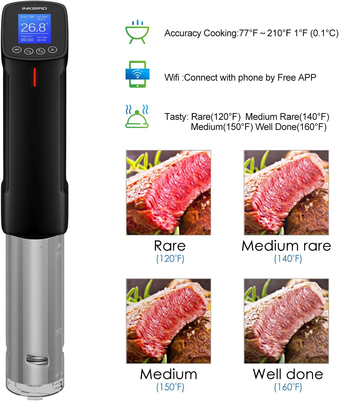Inkbird WIFI Sous Vide Precision Cooker AU Plug ISV-100W 1000W Stainless Steel Thermal Immersion Circulator with Recipe Digital Interface Precise Temperature and Timer for Kitchen Food Slow image number 1