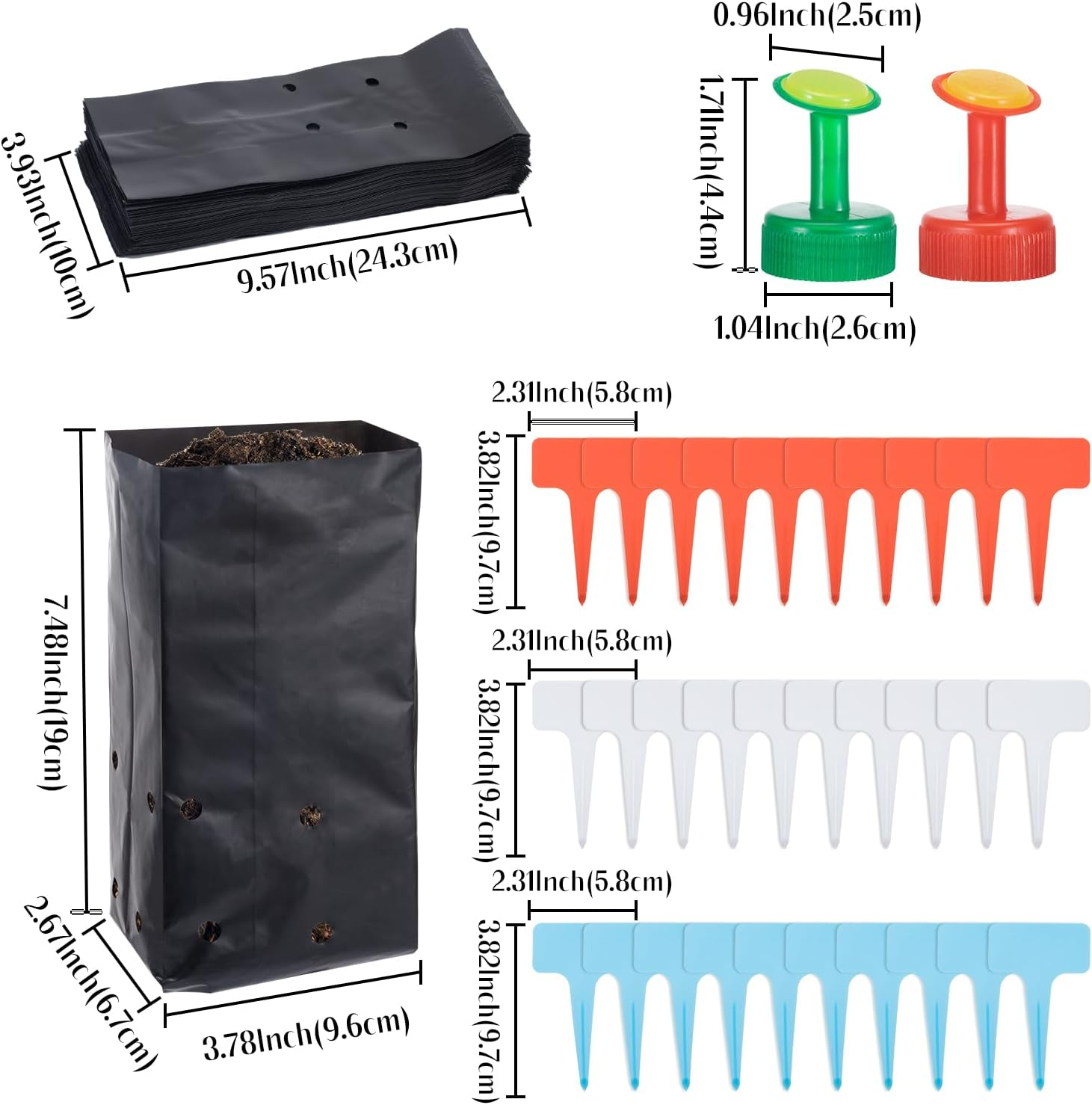 100 Pcs Nursery Growing Bags Seedling Starter Bags with 30 Plant Labels & 2 Mini Watering Sprinklers,Plant Grow Bags Plants Pots Plastic Pouches for Garden Trees,Flowers, Vegetable(7.5X3.8X2.6 Inch) image number 1