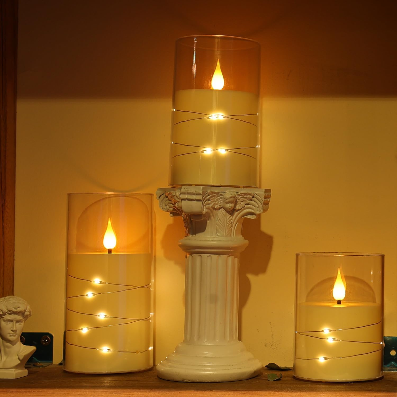 Flickering Flameless Candles: Built-In Star String Lights Unbreakable 3D Wick Acrylic Battery Operated LED Pillar Candles with Remote (White, 4" 5" 6") image number 4