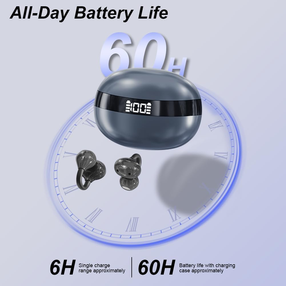Caijin Clip-On Open-Ear Bluetooth Headphones, Wireless, Bluetooth 6.0, 60 Hours Ultra Long Battery Life, Comfortable and Pain-Free, Ideal for Sports, Office & Fitness, Black image number 3