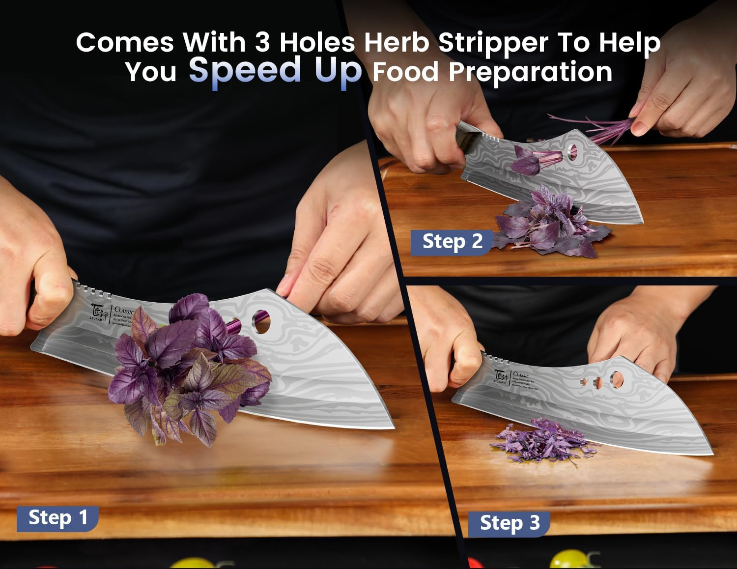 Butcher Knife, 10 Inch Meat Cleaver Chef Knife with Herb Stripper, Japanese Style High Carbon Steel Kitchen Knife for Chopping & Slicing, Damascus Pattern Full Tang Wood Handle Ideal for Gift image number 4