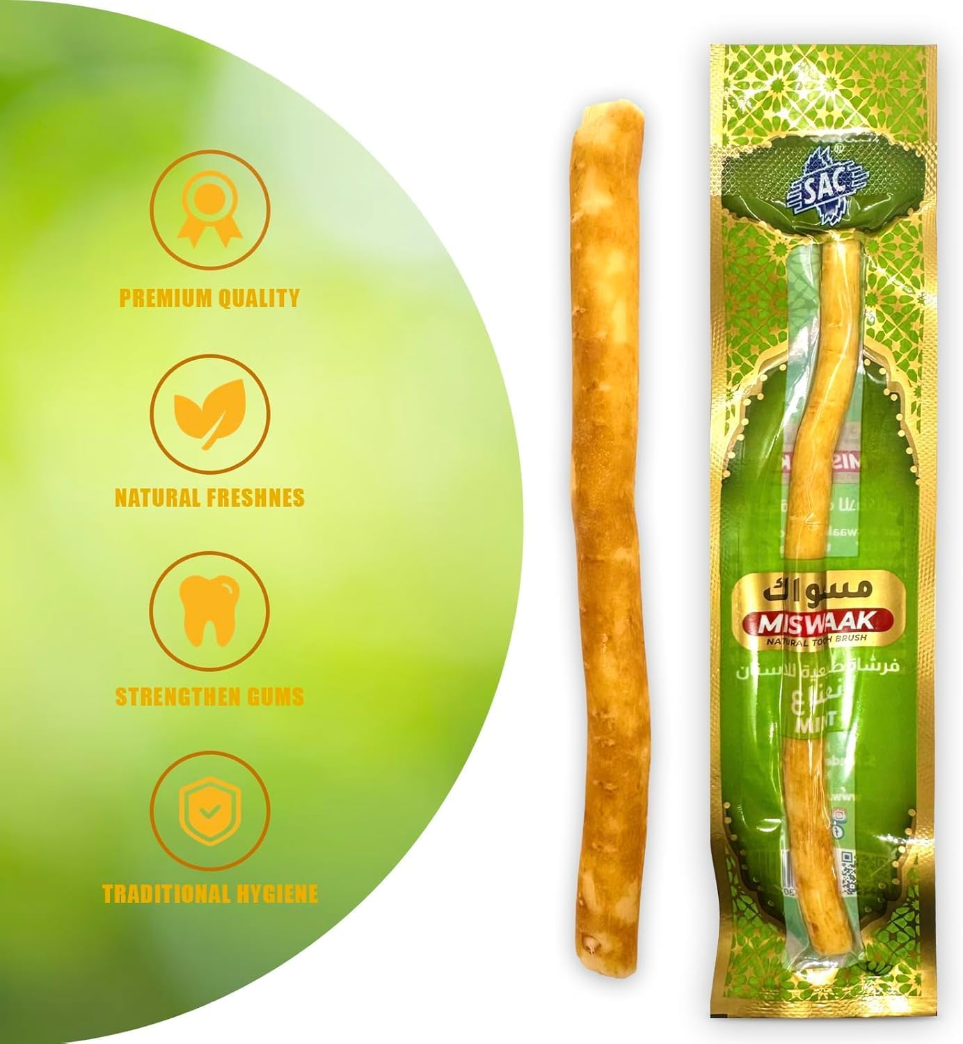 12 Pack Natural Miswak Toothbrush - Vacuum Sealed Traditional Toothbrush Stick - for Healthy Teeths,Gums and Fresh Breath (Mint Flavor) image number 1