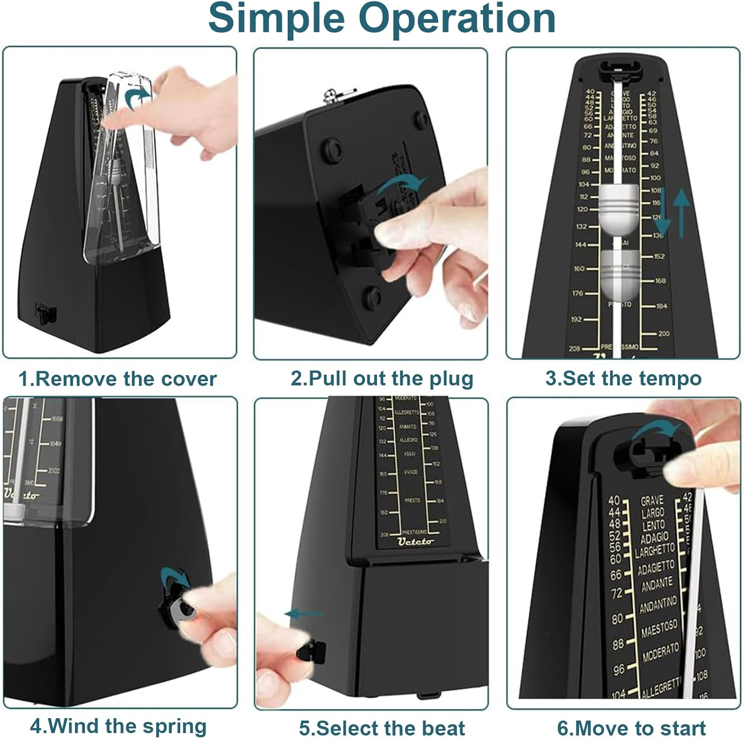 Mechanical Metronome, Universal Metronome for Piano, Guitar, Ukulele, Violin, with Loud Sound, Accurate Track Beat, Tempo for Beginner, Piano Black image number 5