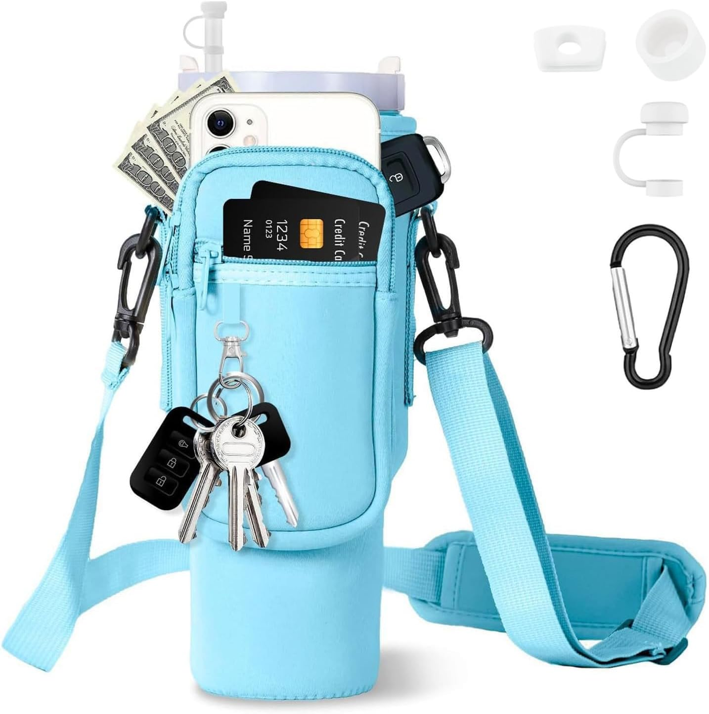 AIROLDI Bag for Stanley Cup 1.2 L / 40 Oz Stanley Cup Accessories, Water Bottle Carry Bag with Mobile Phone Pocket, Carabiner and Adjustable Shoulder Strap, for Travel, Hiking, Running, Cycling