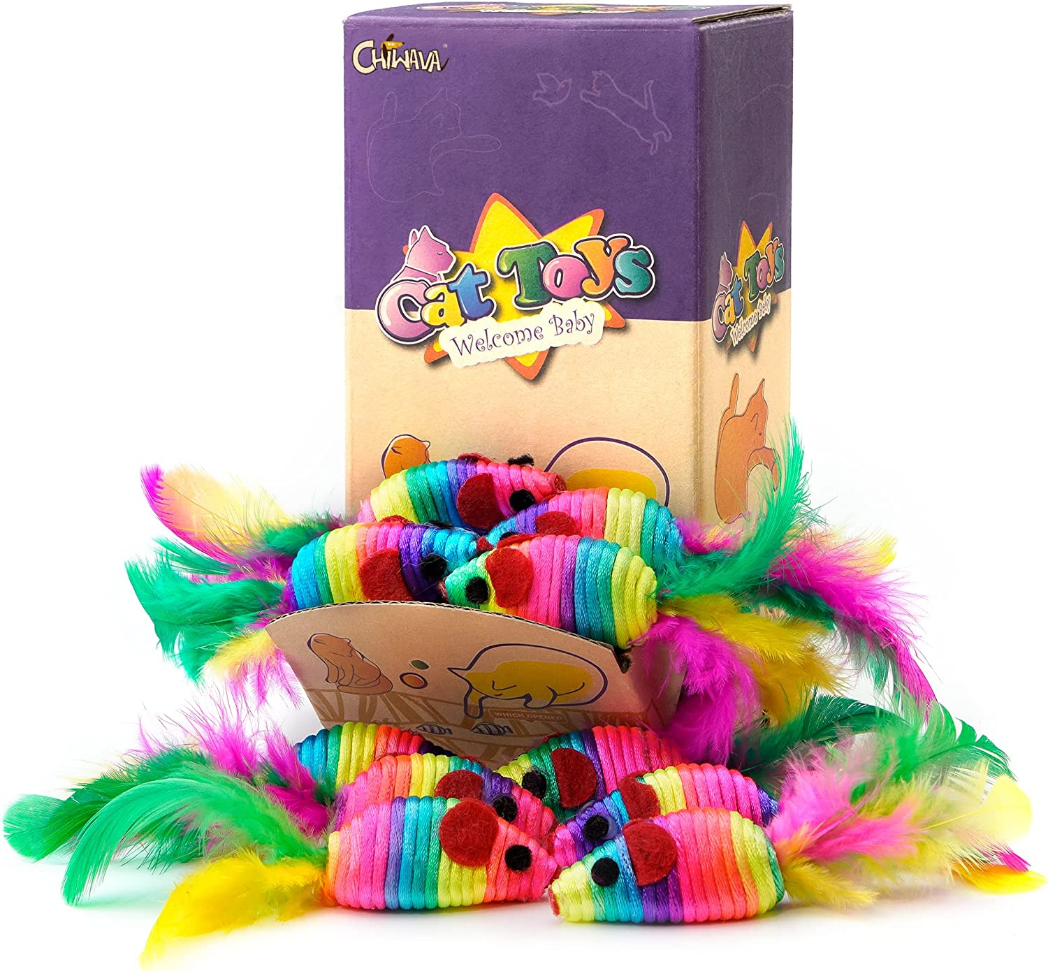 Chiwava 24PCS 5" Rattle Cat Toys Mice with Feather Rainbow Rope Mouse Kitten Interactive Toy Assorted Color image number 2