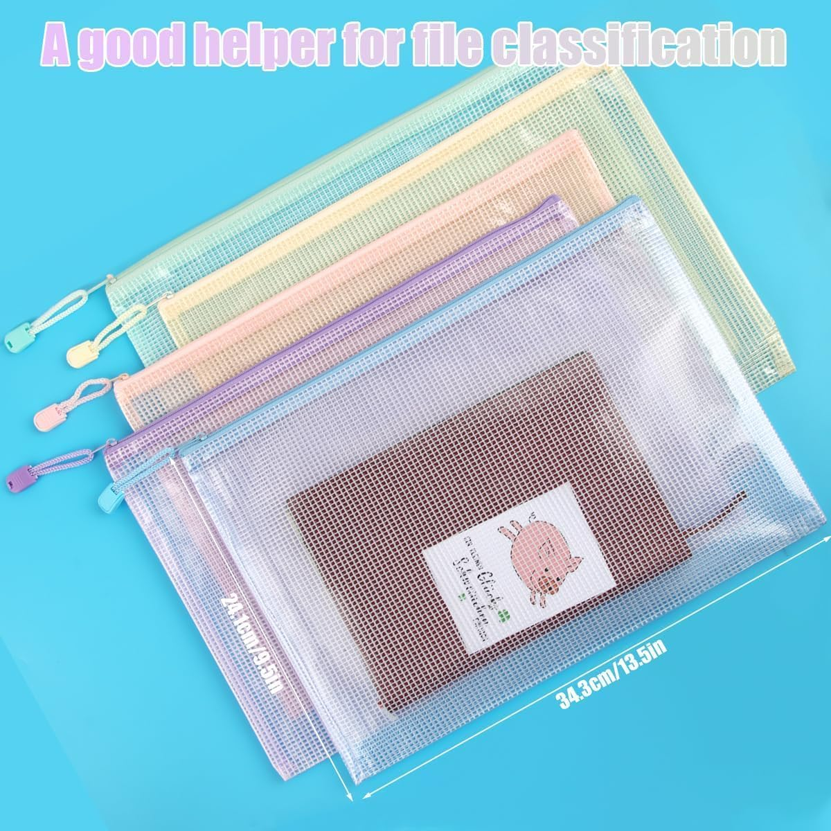 OSYLICT 15Pcs Mesh Zipper Pouch Bags,A4 A5 A6 Plastic Zip File Wallet Folders,Waterproof Clear Travel Document Storage Bag,5 Colors, Multipurpose for School Office Home Supplies image number 6