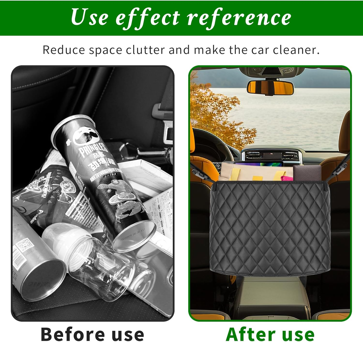 Car Net Pocket Handbag Holder，Purse Holder for Car between Seats，Leather Seat Back Organizer Mesh Large Capacity Bag，Handbag between the Two Seats of the Car - Black image number 3