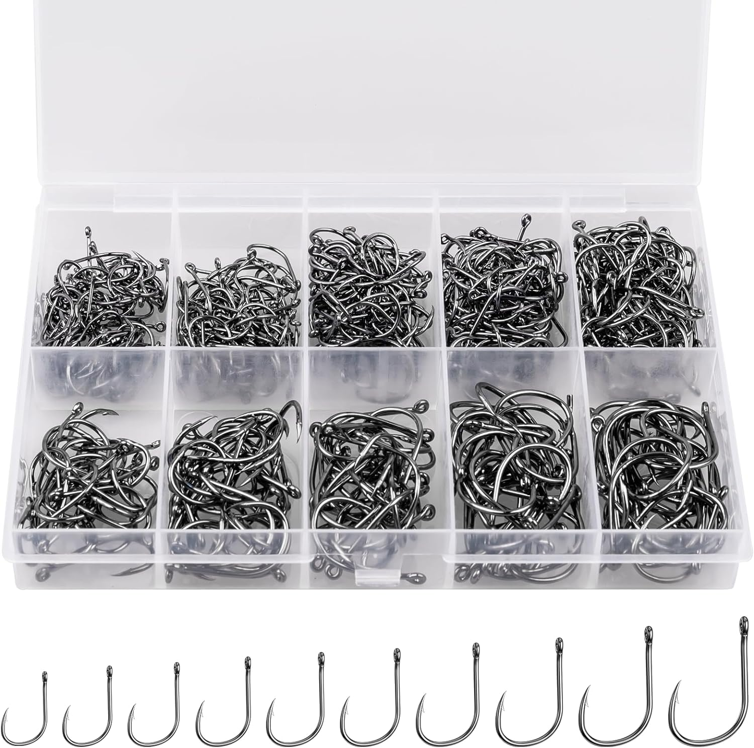 500PCS Premium Fishhooks, 10 Sizes Reemoo Carbon Steel Fishing Hooks W/ Portable Plastic Box, Strong Sharp Fish Hook with Barbs for Freshwater/Seawater image number 1