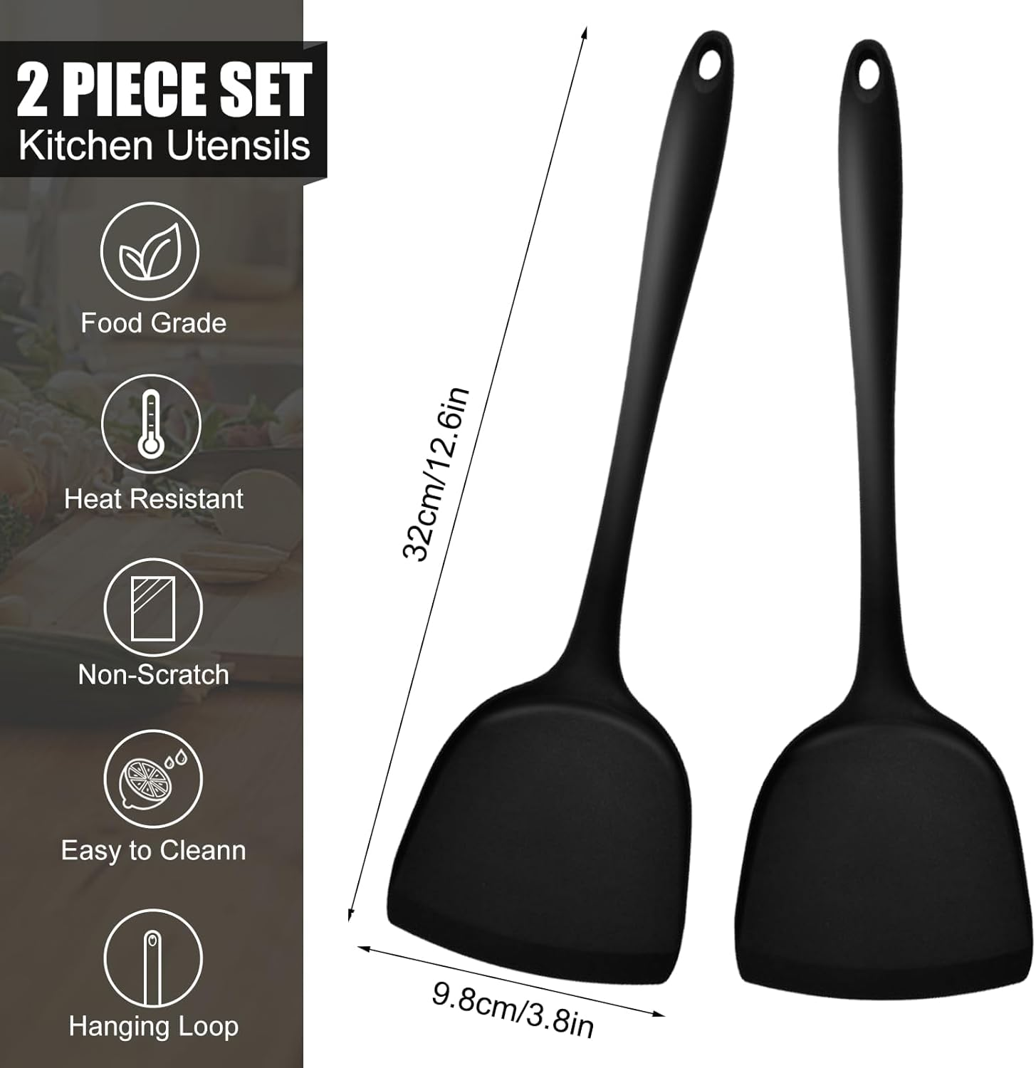 Pack of 2 Silicone Wok Spatula,Silicone Turner Spatula,Silicone Spatula for Cooking,Non-Stick,Bpa Free,Heat Resistant, Easy to Clean, for Cooking, Baking, Flipping Eggs, Pancake, Burgers (Black) image number 3