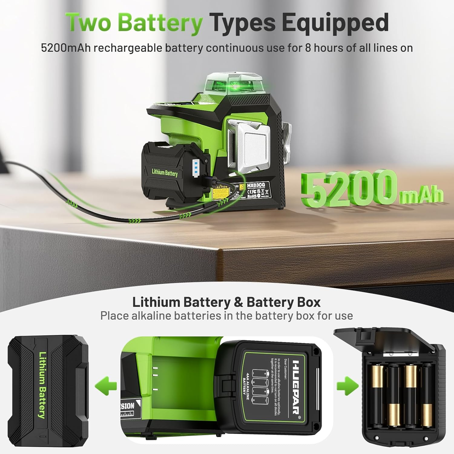 Huepar 3 X 360 Laser Level with LCD Display, 1/13In High Accuracy 3D Green Laser Line Level with Rechargeable Battery & Pulse Mode & Adjust Brightness Laser -Magnetic Base, Hard Carry Case image number 1