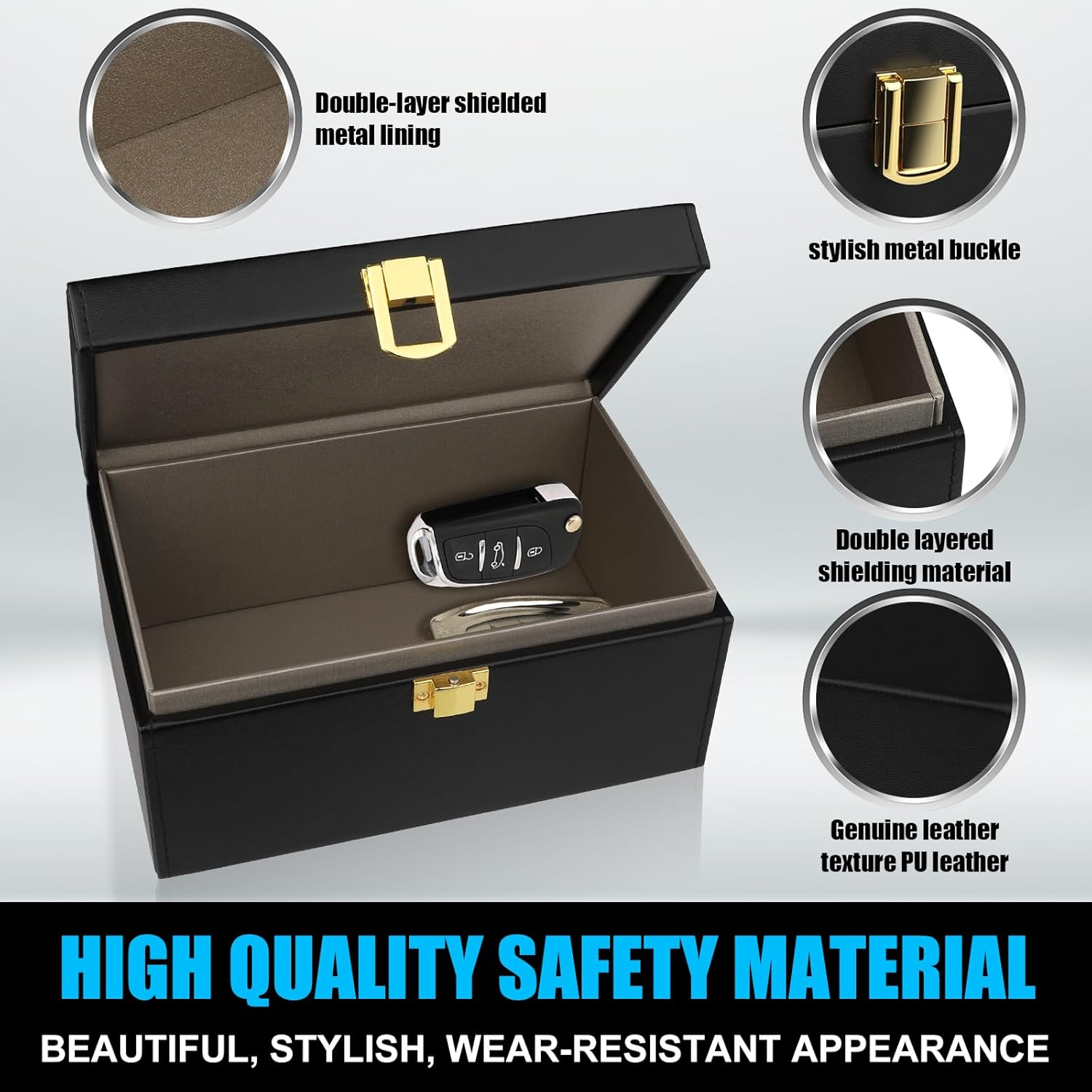 Diyife Classic Large Car Key Signal Blocker Box, plus 2 Pack Faraday Pouch & Blocker Cards, Anti-Theft Key Fob Protector, RFID Signal Blocking Box, 8-12 Car Keys Capacity, Black, Leather image number 4