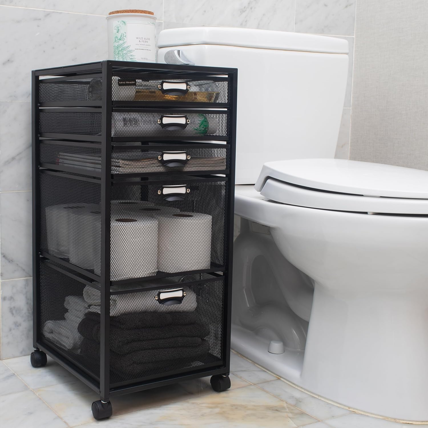 Mind Reader Cart with Drawers, Office Organizer, Utility Cart, Bathroom, Kitchen, Metal Mesh, 11" L X 14" W X 25" H, Black