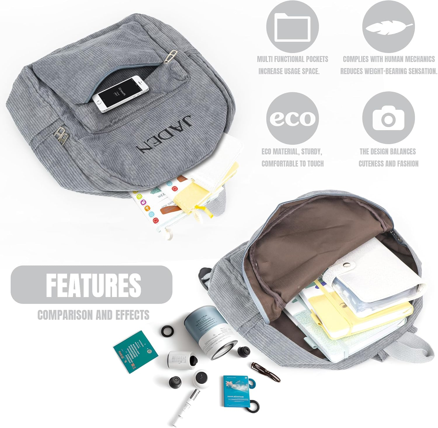 MT WORLD Corduroy Backpack,Personalized College Backpack,Vintage Bag,Casual Daypack,Lightweight Daypack,Laptop Backpacks image number 4