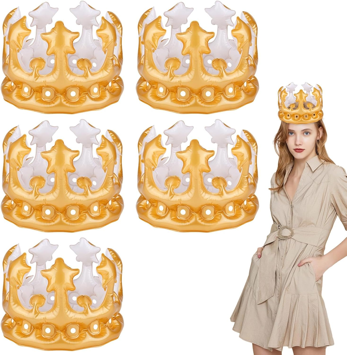 RISF Pack of 5 Inflatable Crowns, Inflatable Birthday Crowns, Gold Crowns, Queens Crown, Crown Birthday for Costume Accessories, Carnival, Teenagers and Adults Birthday Decoration image number 1