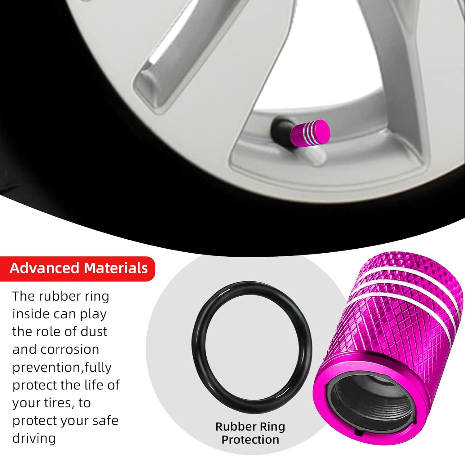 Ziciner 8 PCS Tire Valve Stem Cap Cover, Dustproof Valve Cover with Rubber Ring, Corrosion Resistant Leak-Proof Aluminum Alloy Wheel Valve Covers for Car, Truck, Motorcycle, Bike (Pure Color Pink) image number 4