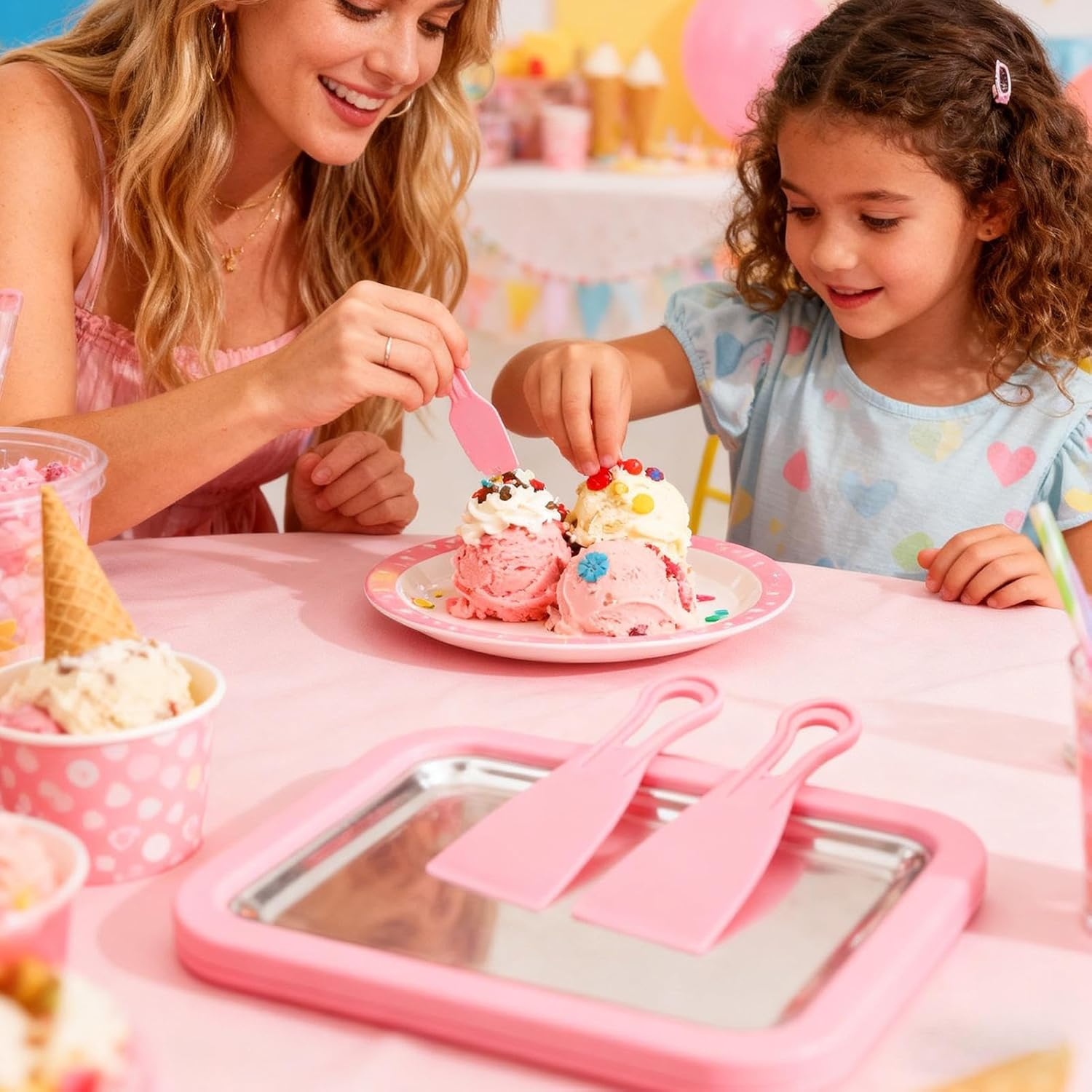 Ice Cream Roller Maker, Instant Portable Stainless Steel, Homemade Yogurt Tray with 2 Spatulas, for Yogurt Sorbet Soft Serve Slushies Dessert Kids Adults Home Kitchen Party - Pink image number 2