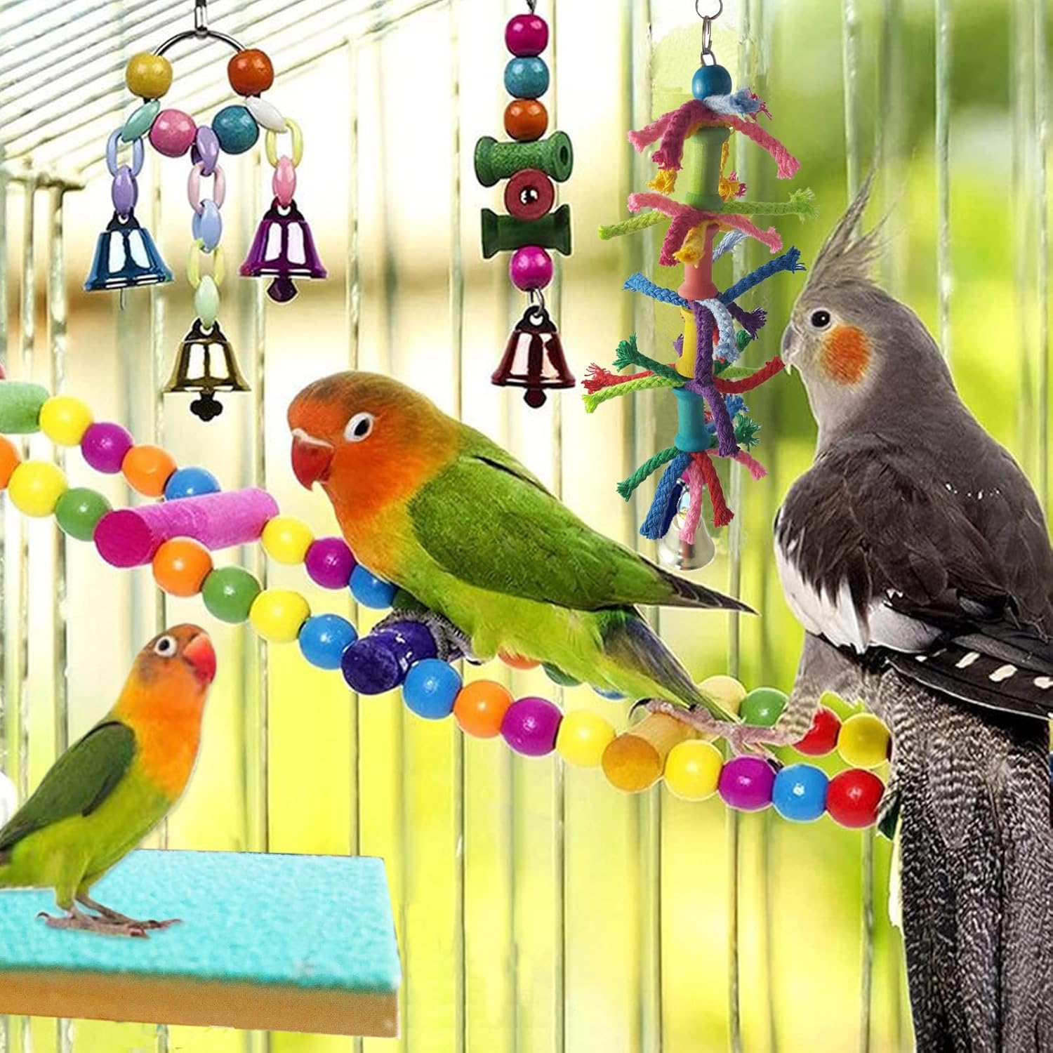 Bird Parrot Toys Set, 10 Pack Swing and Chewing Hanging Perches with Bells, for Lovebird Budgie Cockatiels Macaws Finches image number 3