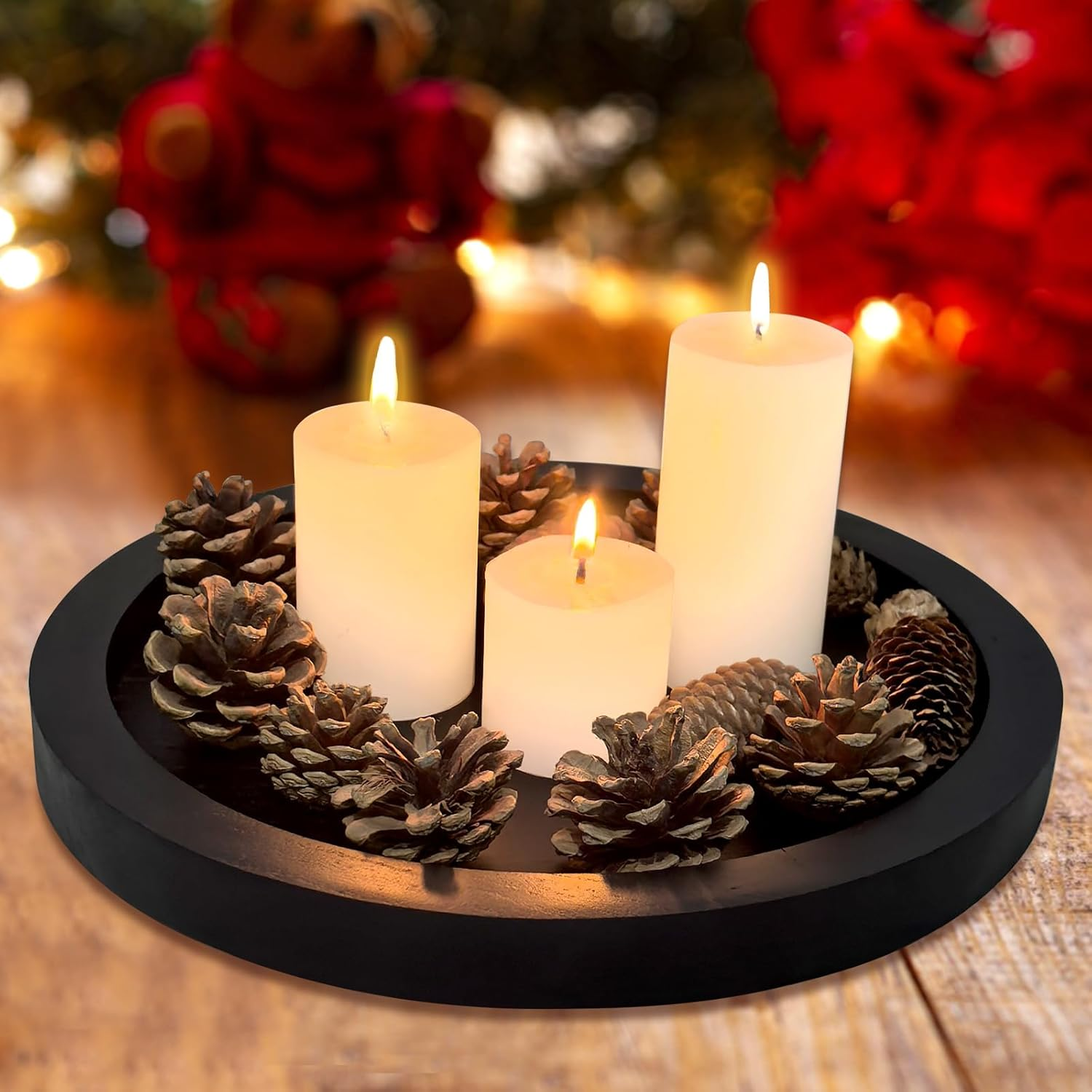 Rustic Decorative Wooden Serving Tray Home Decor round Ottoman Coffee Table Trays Farmhouse Living Room Dinner Table Centerpiece Accessories Wood Candle Holder Tray for Kitchen Counter Bathroom Vanity image number 6