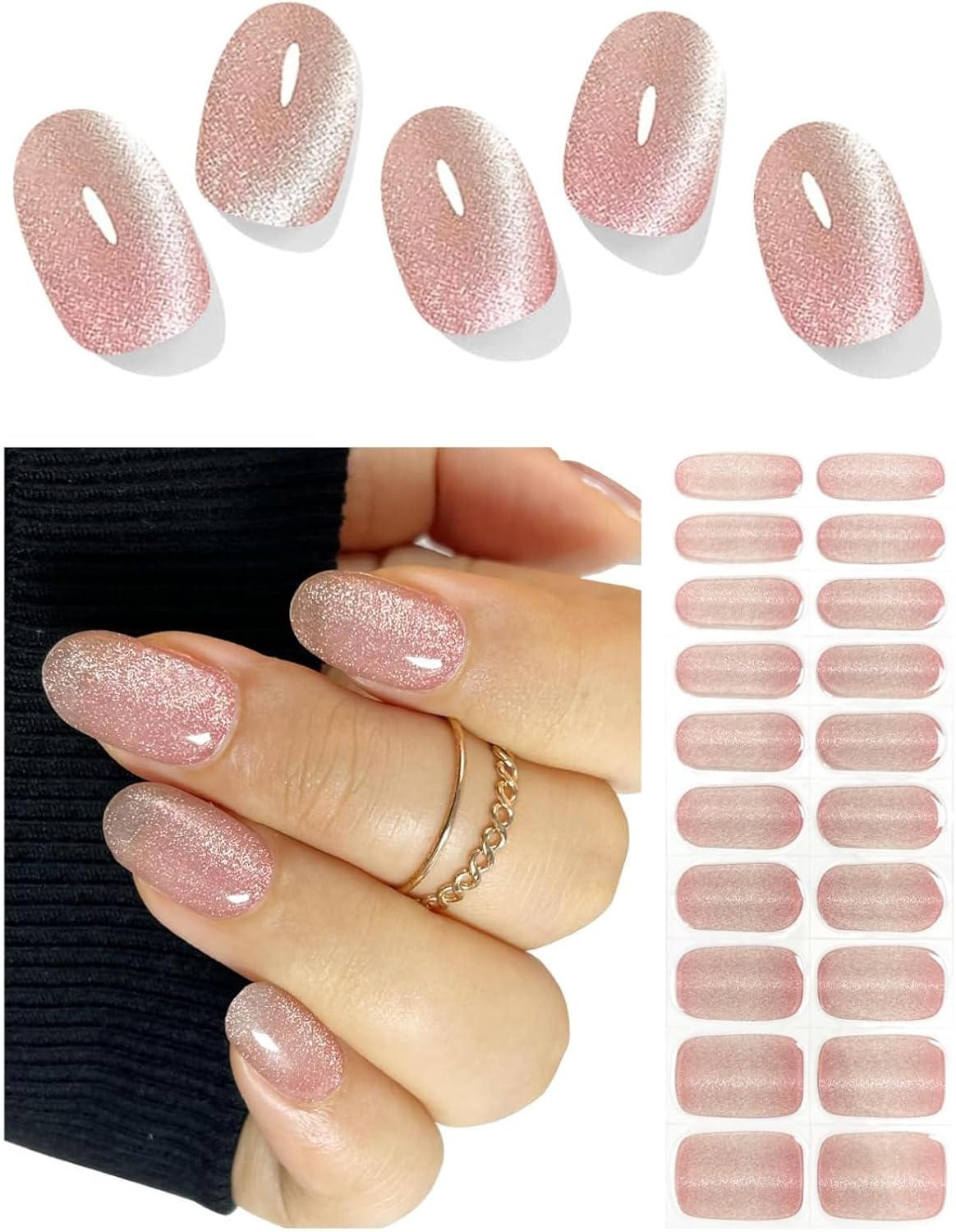 Semi Cured Gel Nail Strips (Baby Blue), 20 Pcs Gel Nail Wraps, Stickers, UV Light Required, Salon Quality, Long Lasting (Pink Nude Cat Eye)