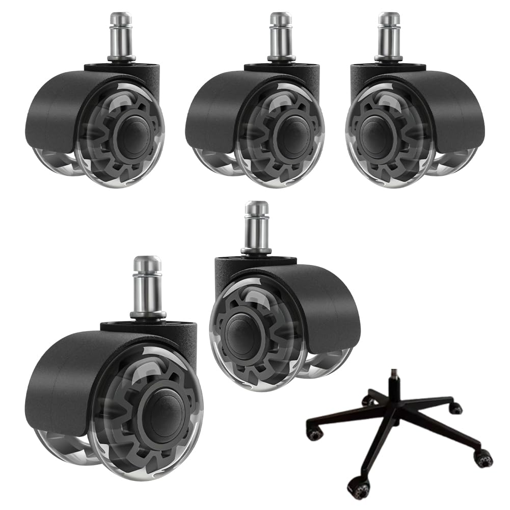 Office Chair Caster Wheels,Set of 5,2 Inch Twin Rollerblade Chair Wheels,Heavy Duty Rubber Caster Smooth Quiet Rolling Safe Protection for All Floors, Black image number 3