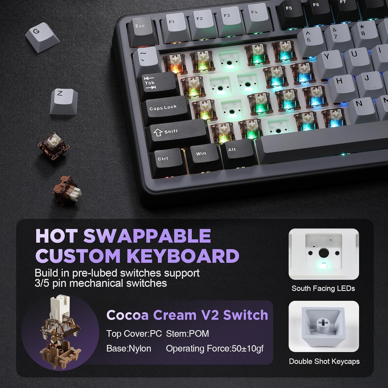 YUNZII B75 Mechanical Keyboard, 75% Hot Swappable Keyboard with Knob, RGB Backlit Gasket Gaming Keyboard with Double-Shot PBT Keycaps, for Win/Mac (Dark Grey, Cocoa Cream V2 Switch) image number 3