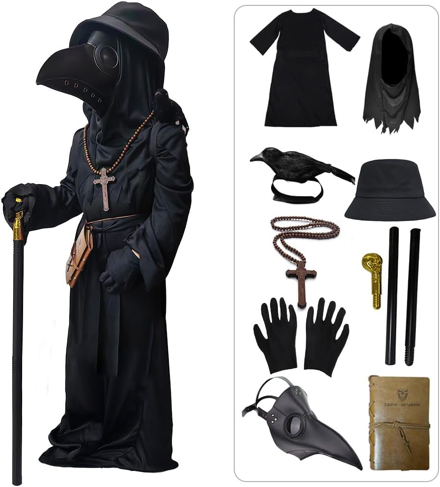 SENLI Plague Doctor Costume for Kids Funny Scary Halloween Costumes for Boys Girls 9 in 1 Set Halloween Outfits image number 5