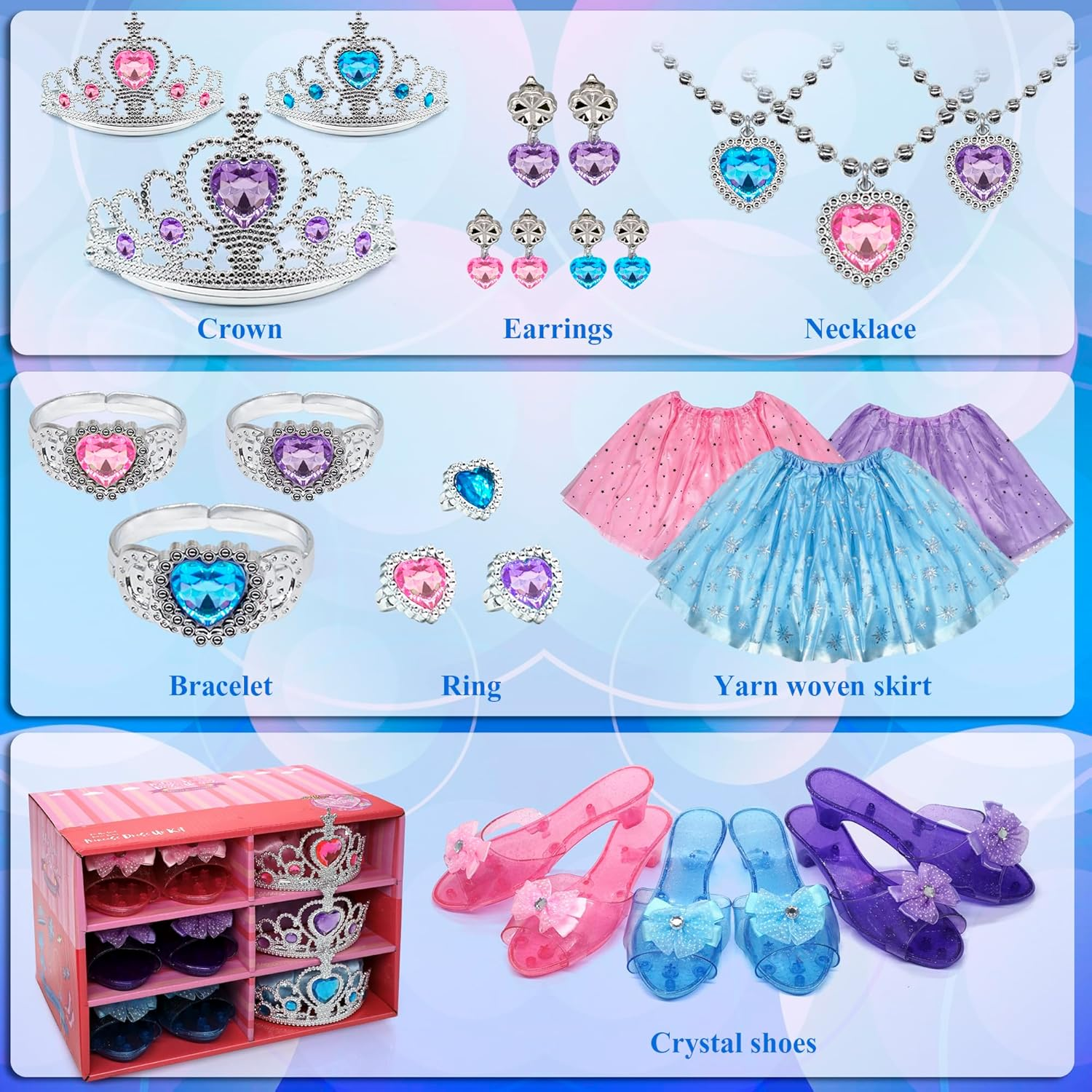 Princess Dress up Shoes Jewelry Set, Toys for Girls Shoes Costumes Set Incl Color Skirts, Shoes, Crowns, Earring, Bracelet, Ring, Kids Christmas Party Role Play Birthday Gifts for 3-6 Year Old Girl image number 5