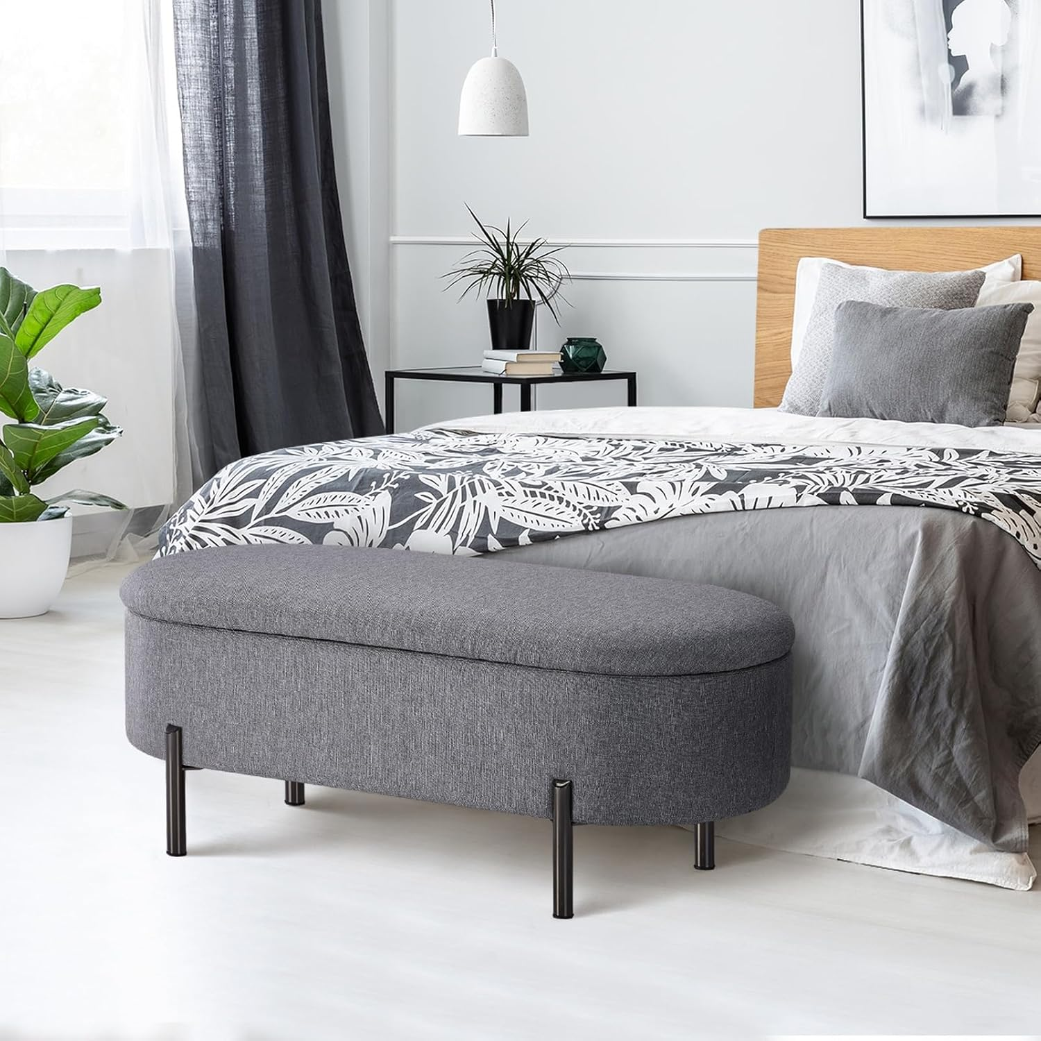 Oikiture Storage Ottoman Oval Linen Ottoman Bench Footstool 98CM Storage Box Chest for Home Bedroom Furniture Toy, Grey image number 2