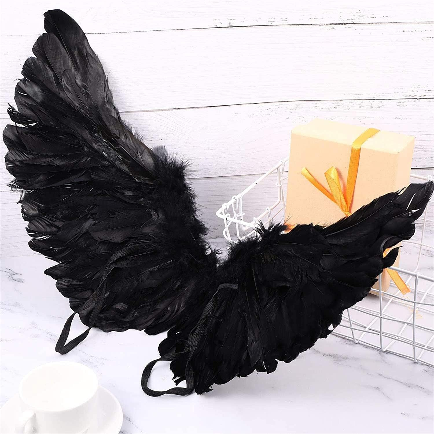 Angel Wings Black, 60 Cm Costume with Halo and Wand, Women'S and Girls' Black Feather Wings, Angel Decoration image number 2