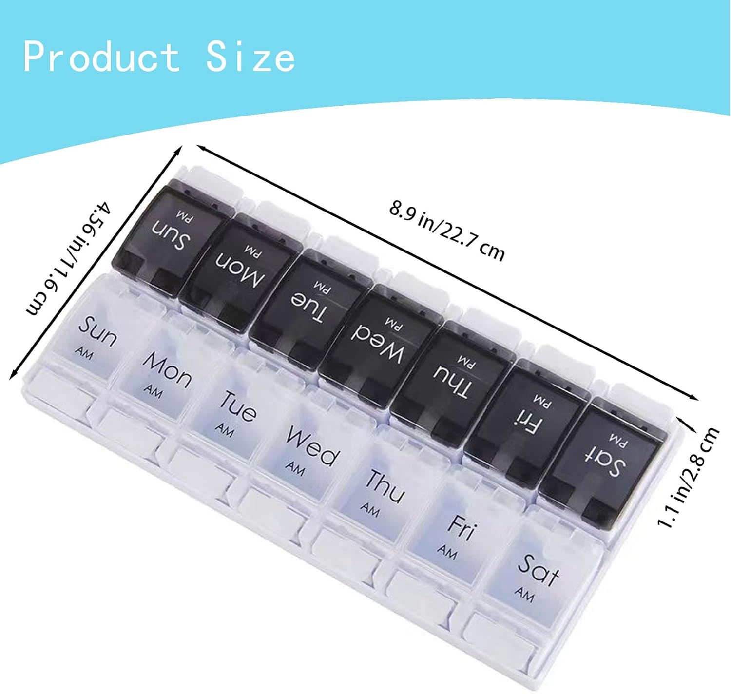 7-Day Pill Organizer (Black/White) | AM/PM Weekly Pill Case with Removable Trays & Push-Button Design | Bpa-Free, Large Capacity for Fish Oil, Vitamins, Supplements | Travel-Friendly Medication Box (14 Compartments) image number 4