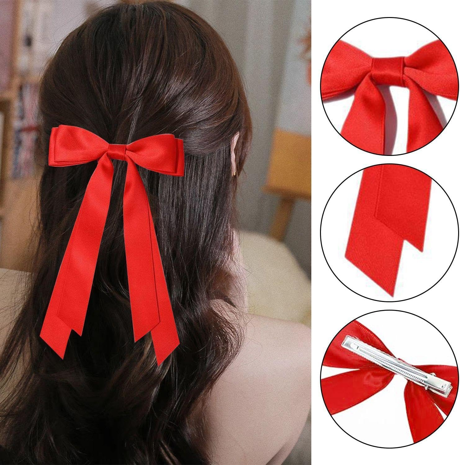 Pack of 4 Bow Hair Pins and 2 Hair Ropes, Satin Double Layer Hair Accessories, Coloured Hair Ropes, Headpiece for Christmas Parties, Ponytail Hairpin Accessories image number 2