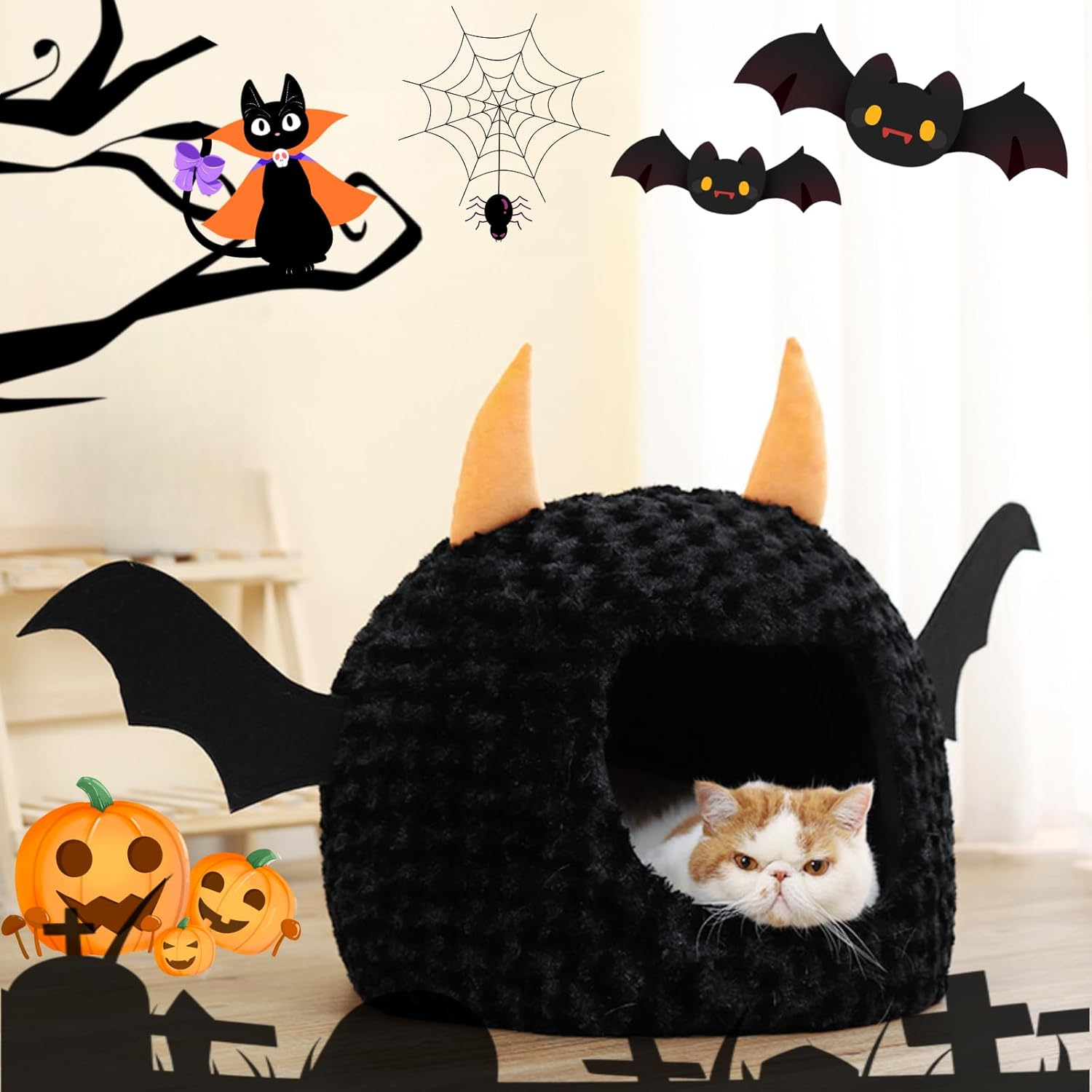 Funny Cat Bed Halloween Large Cat Cave Nest Warm Cute Kitten Bed Mattress Cartoon Ultra Soft Plush Removable Cushion image number 6