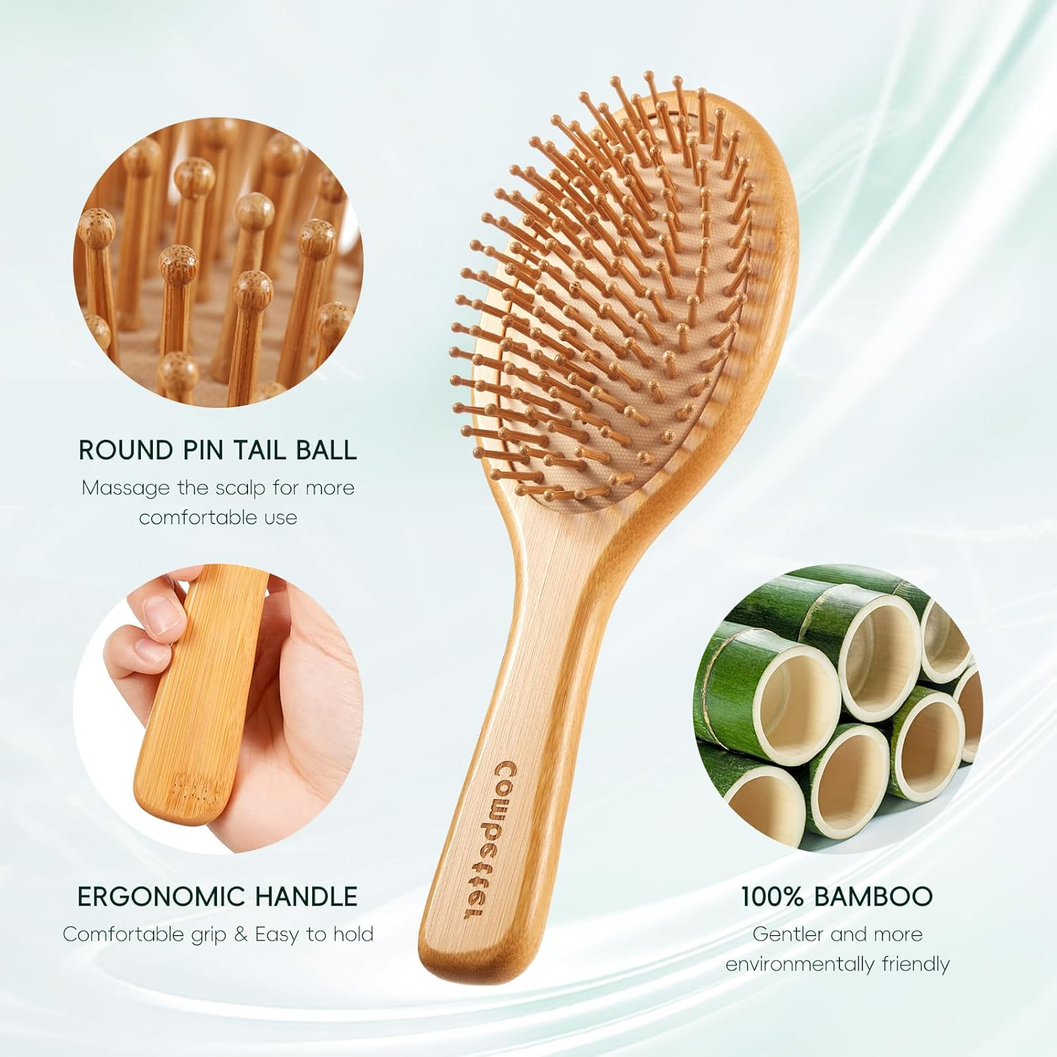 Bamboo Hair Brush Set, Natural Wooden Paddle Detangling Hairbrush, Eco-Friendly & Bakelite Durable Wide-Tooth Comb & Rat Tail Comb for Women, Men, Kid image number 1