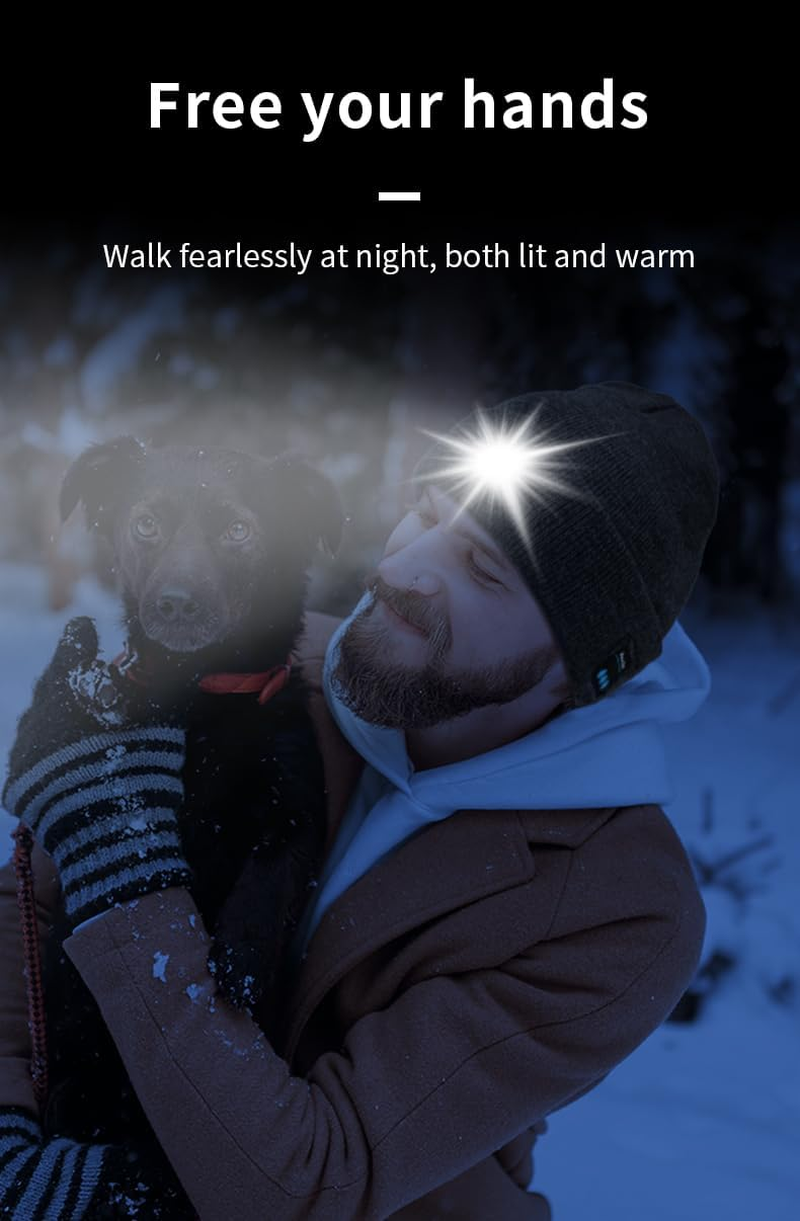 HEYITOP Bluetooth Beanie Hat with Lights,Unisex USB Rechargeable 6 LED Lights Hat,3 Modes (Low, High, Flash),Headlamp Cap with Wireless Headphones Gifts for Men Dad Teen Black image number 3