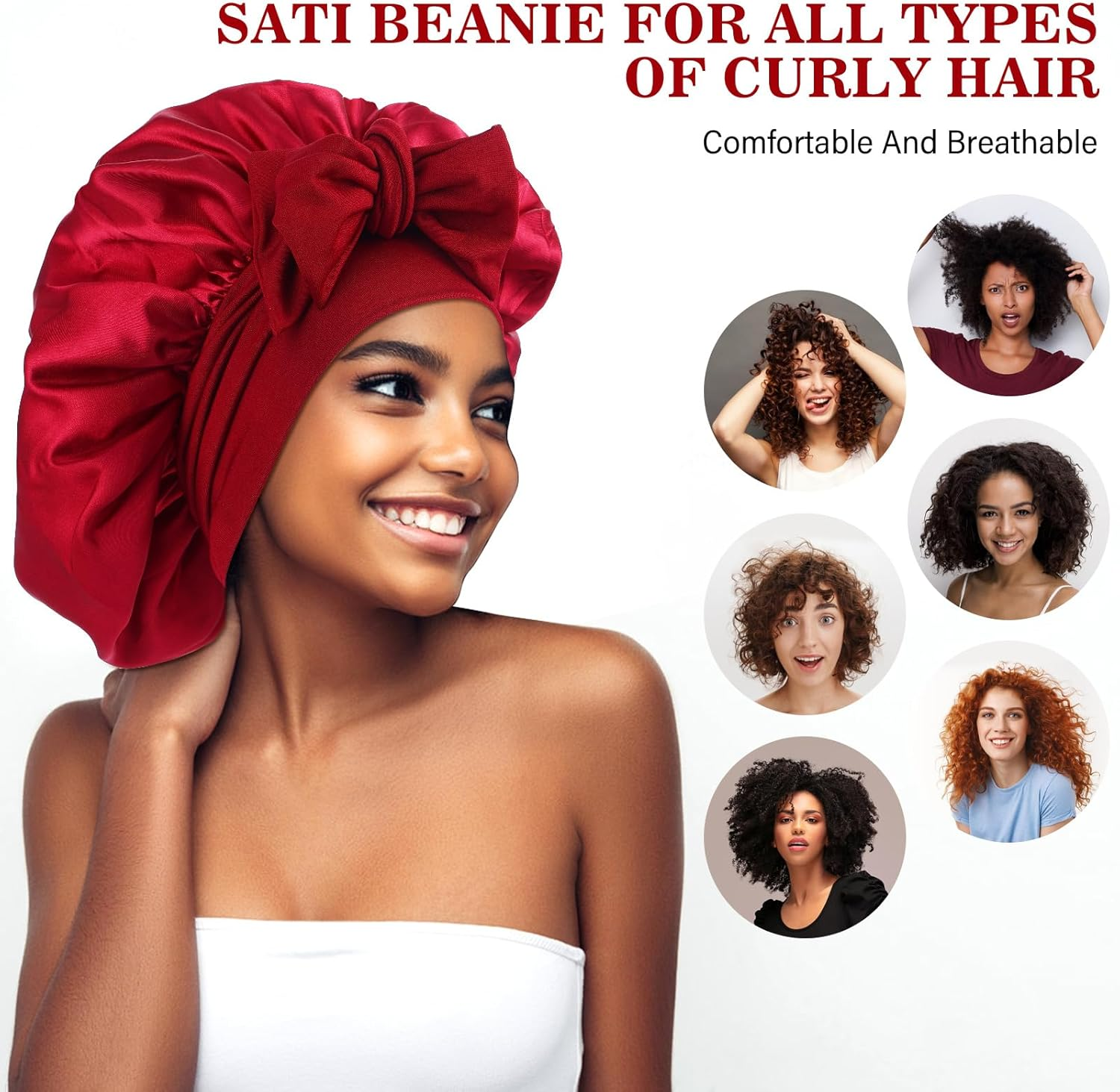 Abeillo Silk Sleep Bonnets for Women, 1PC Adjustable Satin Night Sleeping Cap Soft Elastic Band Silk Bonnets for Sleeping, Hair Bonnet with Tie Band for Curly Hair Braid Women (Wine Red) - Champagne image number 7