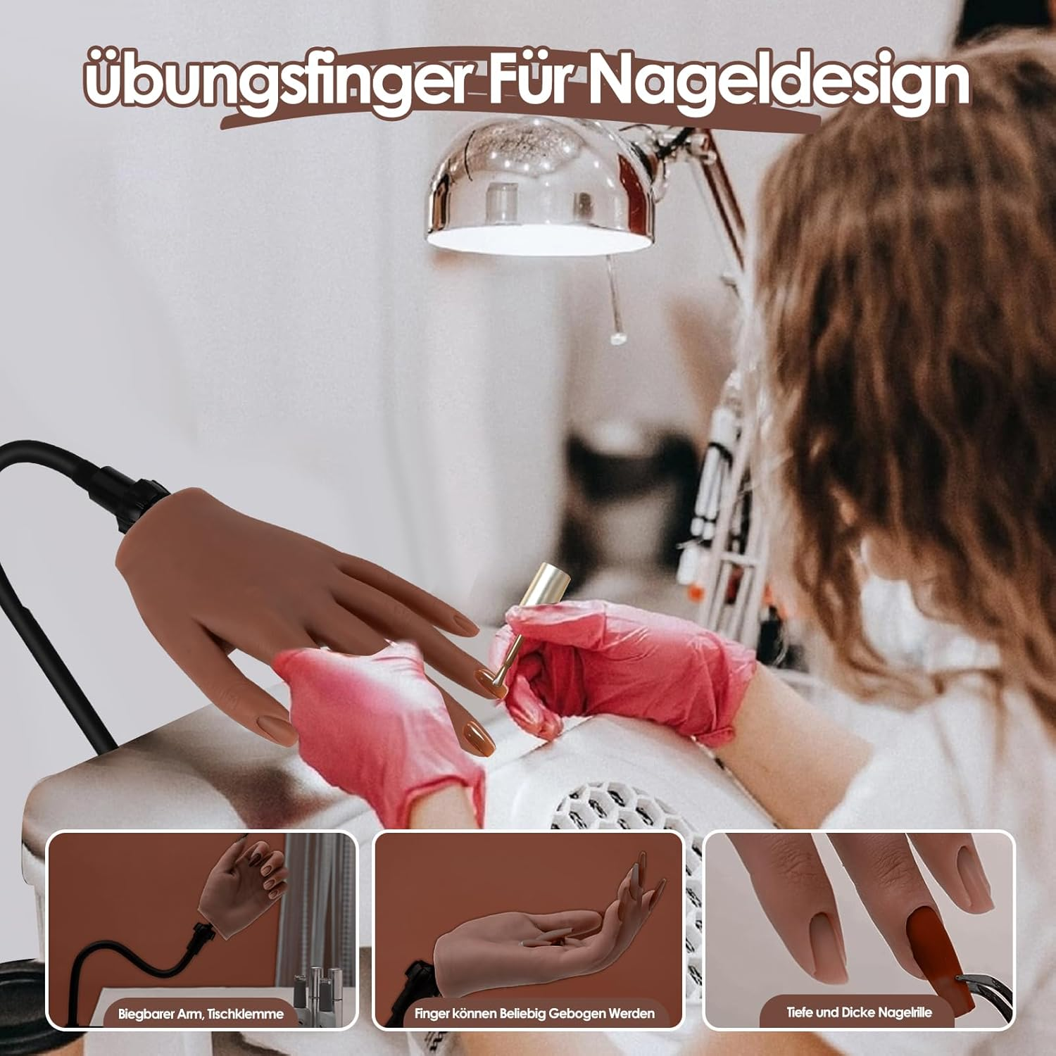 Practice Hand for Nail Design, Silicone Hand with Nail Tips, Flexible Movable Exercise Hand with Adjustable Holder, Practice Finger for Nail Design, Professional Practice Hand for Gel Nails (Brown) image number 3