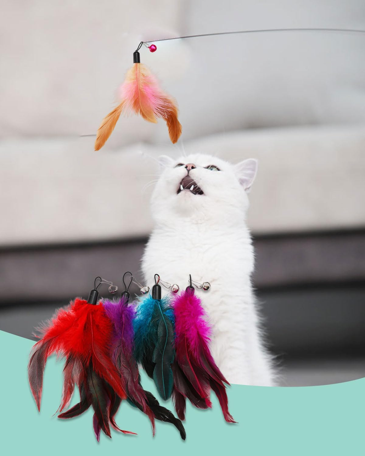 AORHOFJ Pack of 8 Replacement Heads for Cat Teaser Toys, Replacement Heads for Cat Teaser Sticks, Interactive Cat Toy Feathers, Cat Hair Toy, Replacement Feathers with Bells image number 4