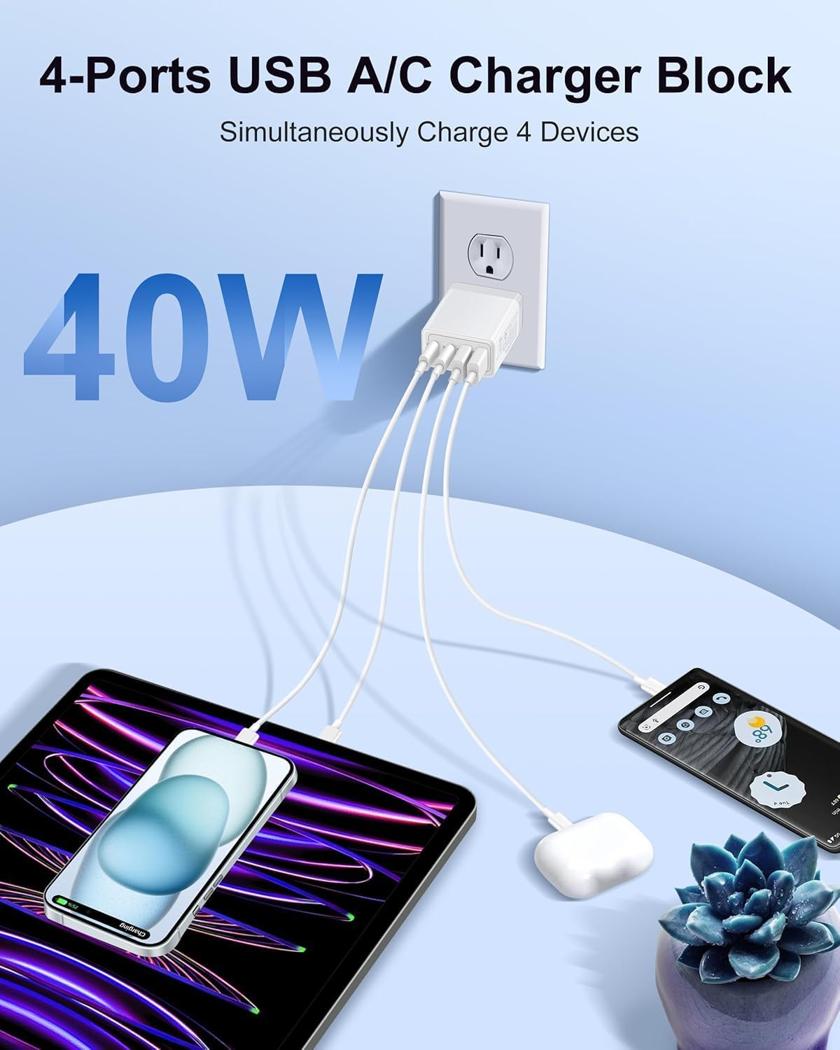 USB C Charger Cube, 40W Wall Plug Fast Charging Block, 4-Port PD+QC Power Adapter Multiport Brick Type C Box for Iphone 16 15 14 13 12 11 plus Pro Max, Galaxy, Tablet and More