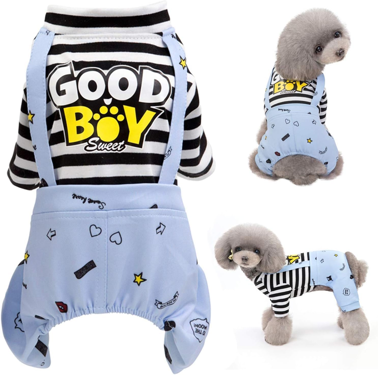 Dog Jumpsuit, Striped Puppy Pajamas, Cute Doggie Kitten Onesies Pjs Jumpers, Soft Cotton Shirt, 4 Legs Apparel Pet Clothes Outfits for Small Medium Large Dogs Cats Kitty Boy Girl (Blue, M)